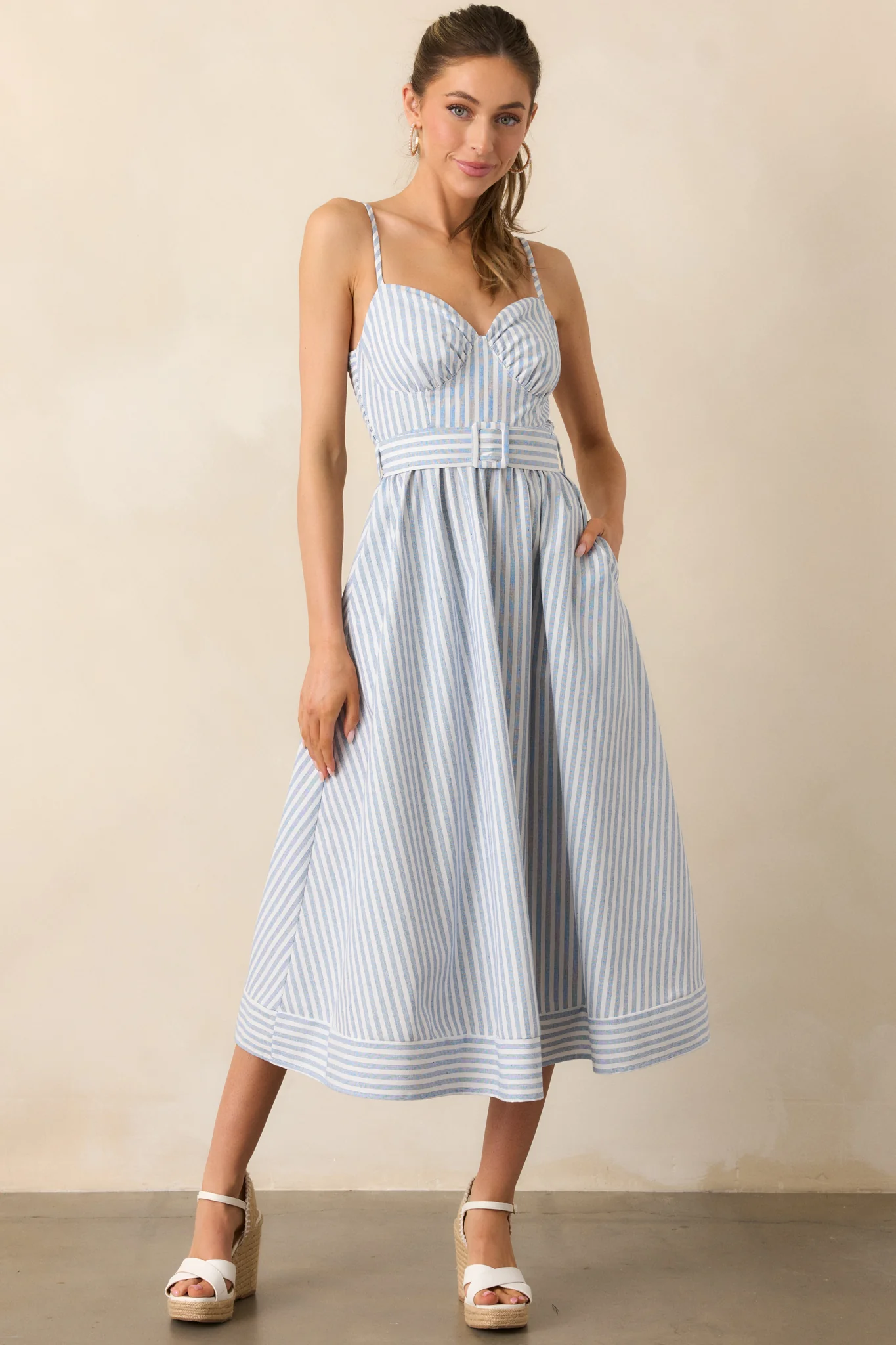 Every Little Thing Light Blue Stripe Belted Midi Dress