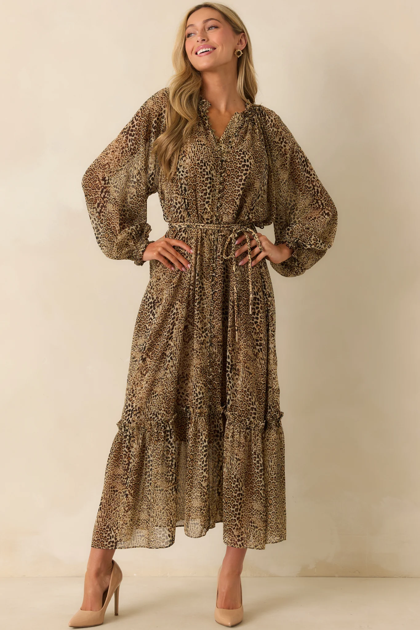 Point Taken Brown Leopard Print Chiffon Maxi Dress