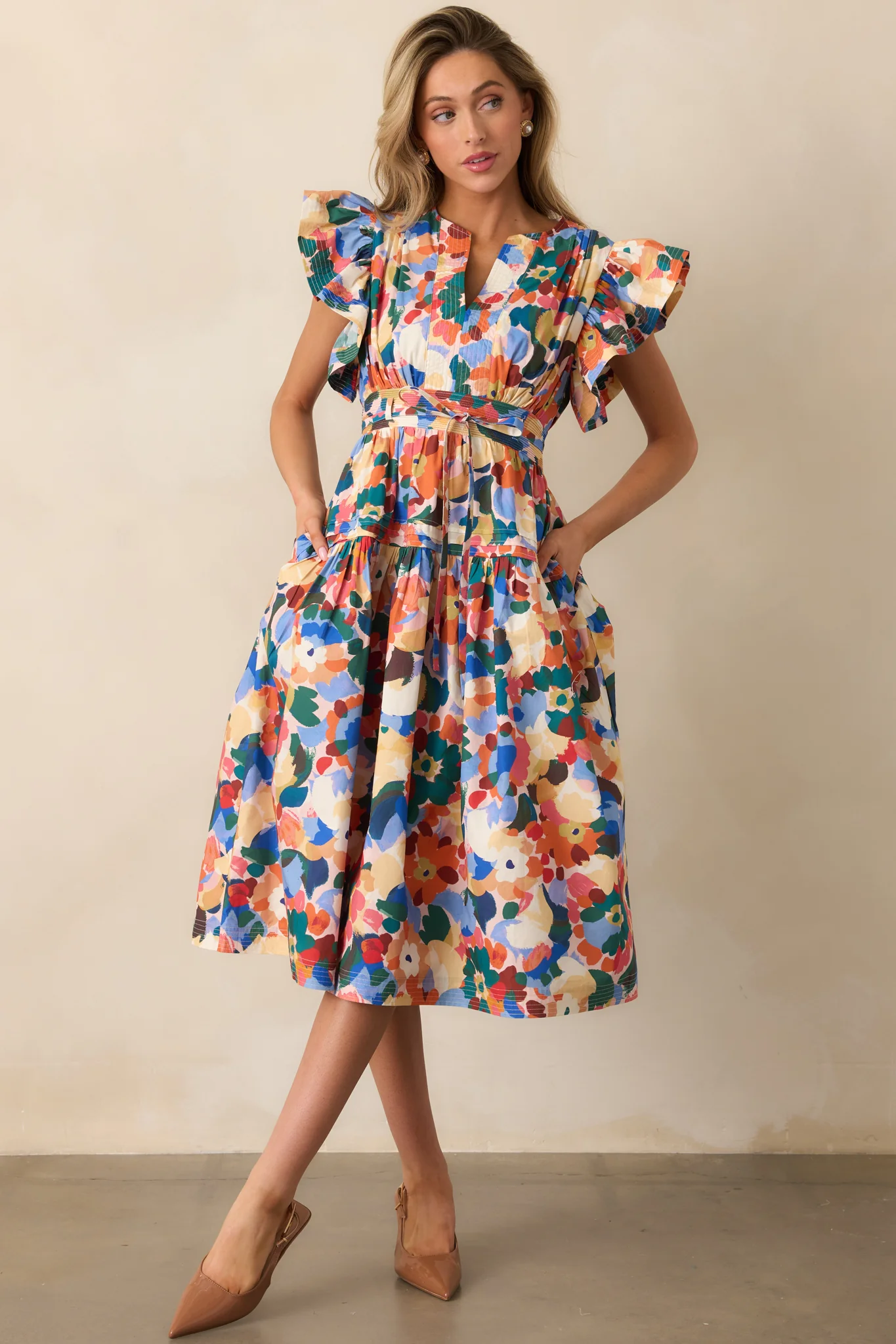 Prosperina Astor Orange Multi Floral Print Cotton Midi Dress