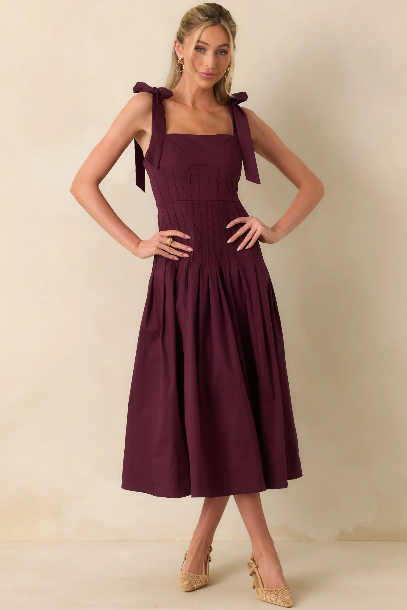 Every Bit of Lovely Sangria Cotton Pleated Drop Waist Midi Dress