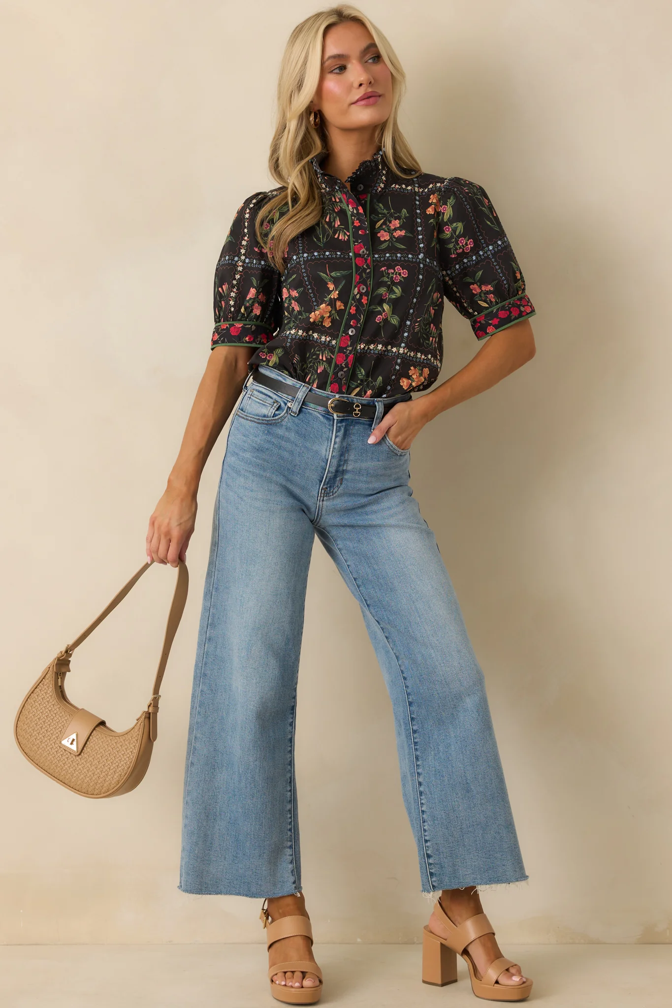 Full Of Light Black Multi Floral Print Cotton Button Up Top