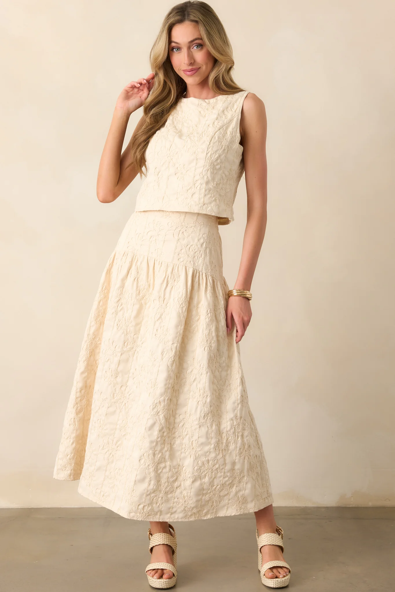 One For The Books Beige Floral Embroidered Top