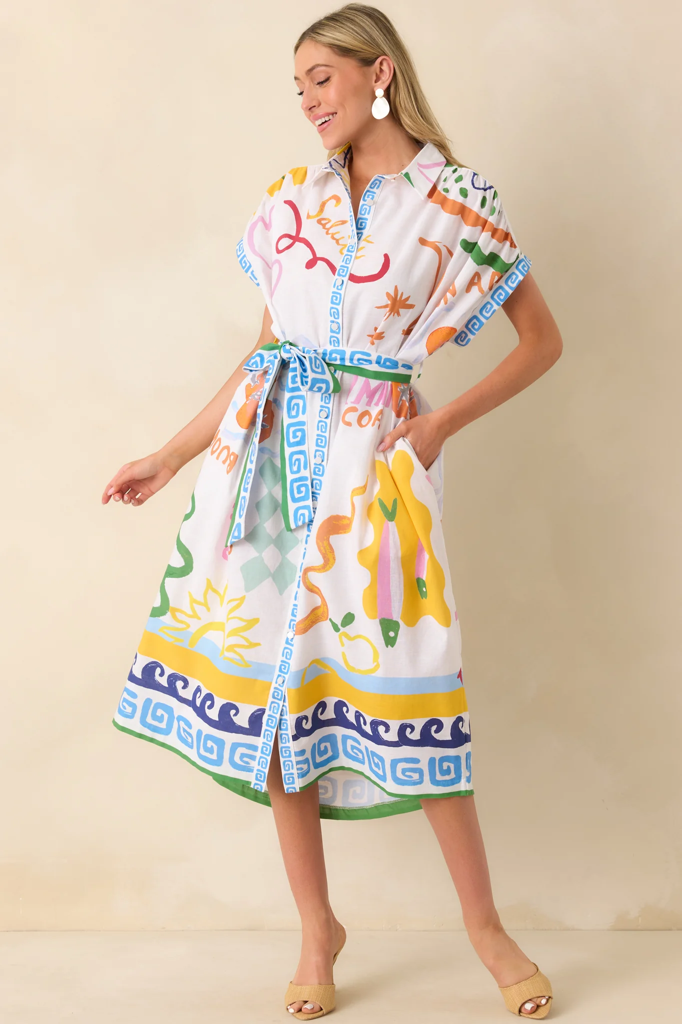 Prosperina Cleo Multi Print Linen Blend Midi Dress