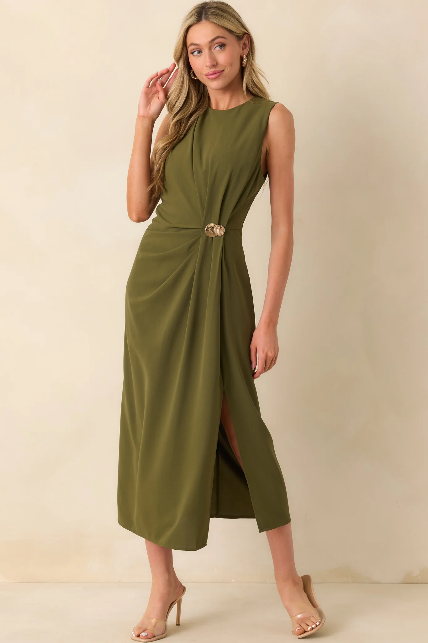Move With Purpose Olive Green Ruched Maxi Dress