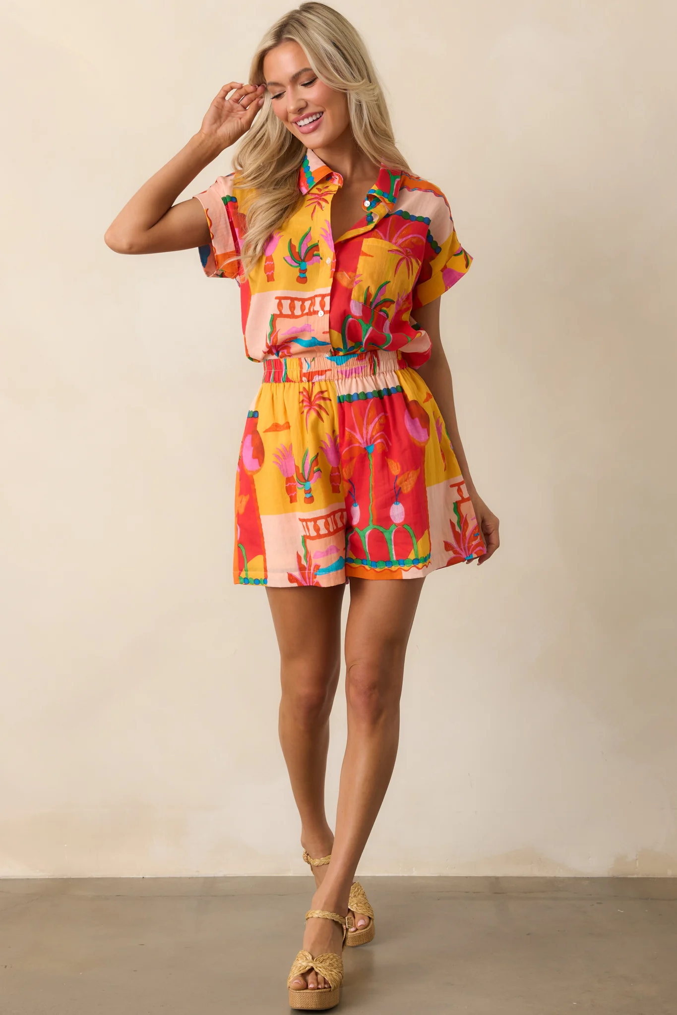 Urban Jungle Orange Tropical Print Cotton Button Front Top