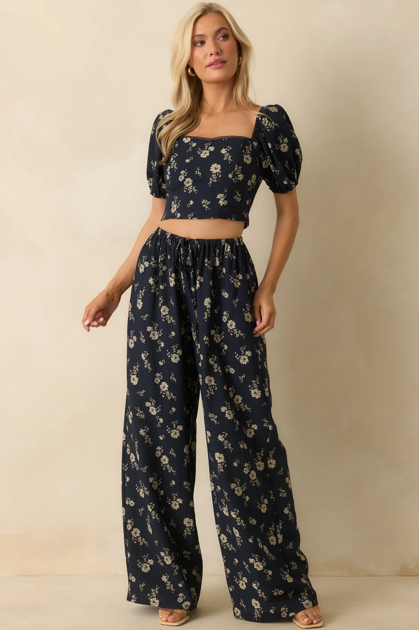 Already Have Plans Navy Floral Print Puff Sleeve Crop Top