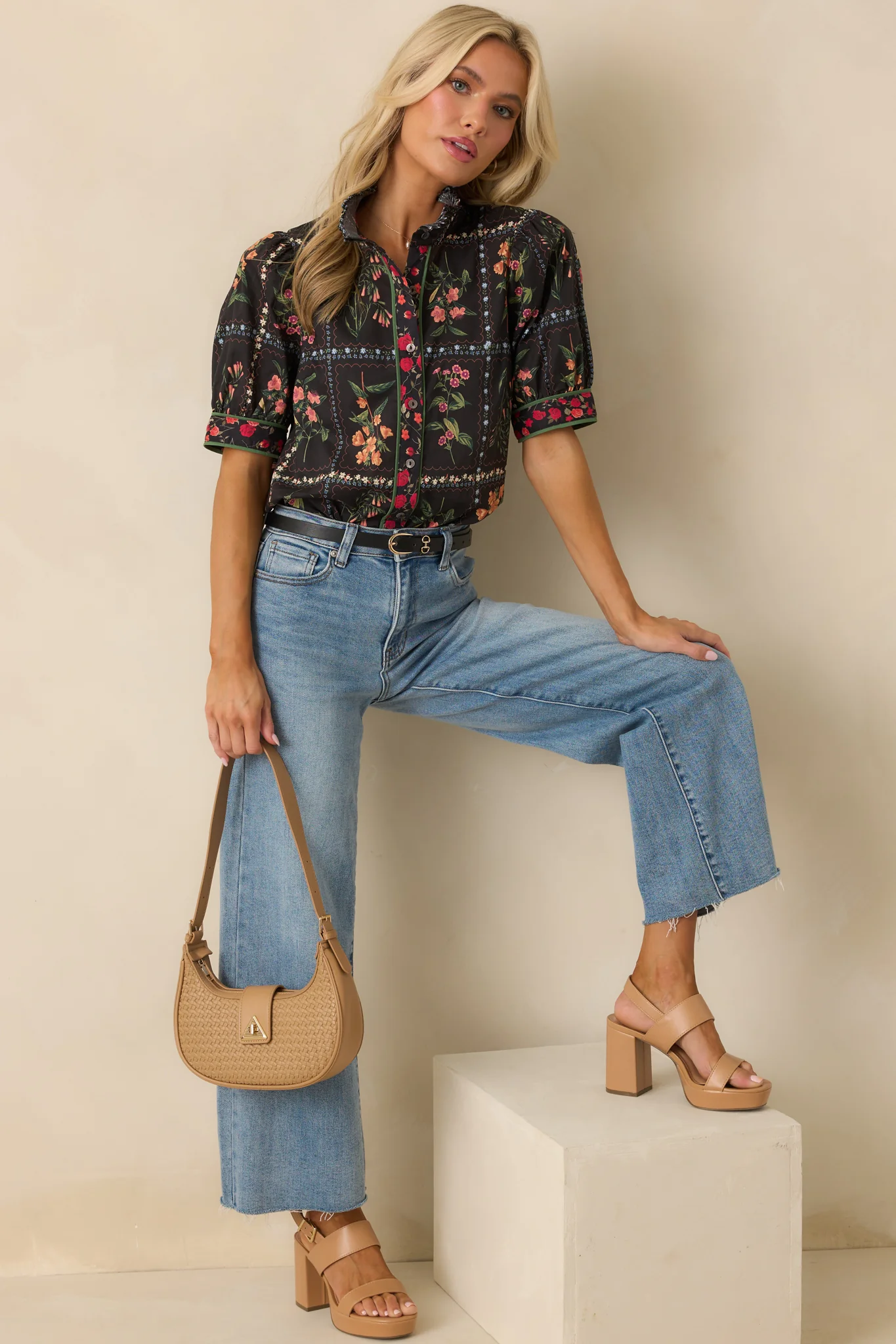 Full Of Light Black Multi Floral Print Cotton Button Up Top