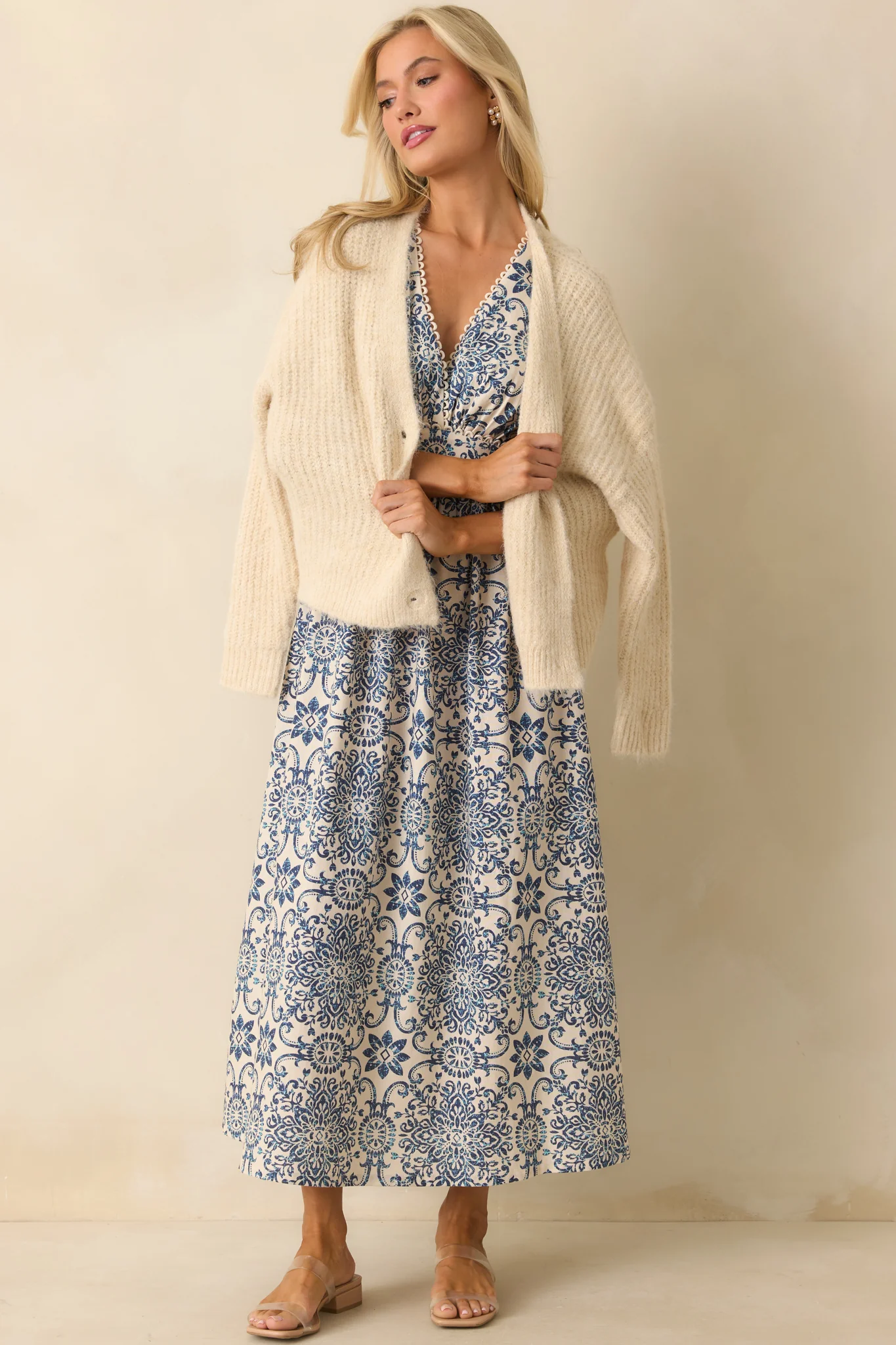 A Lovely Escape Blue Tile Print Linen Blend Sleeveless Maxi Dress