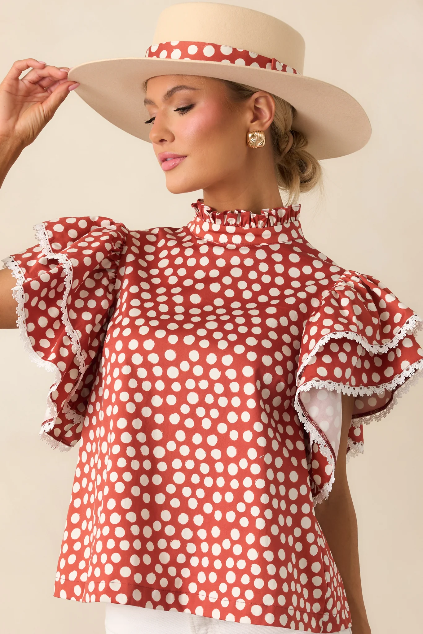 Prosperina Blair Brick Red Polka Dot Cotton Ruffle Top