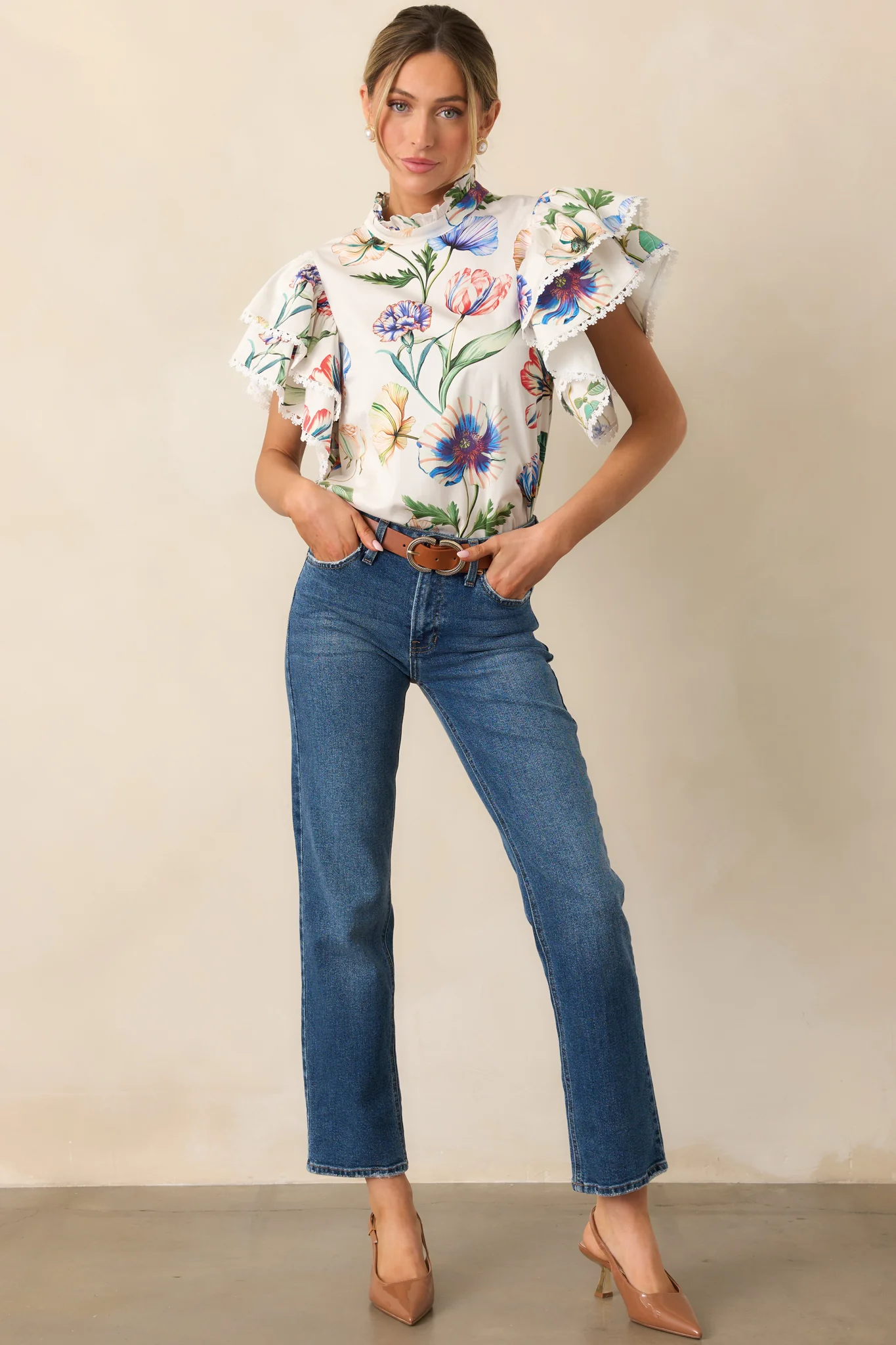 Prosperina Blair Ivory Multi Floral Print Cotton Ruffle Top