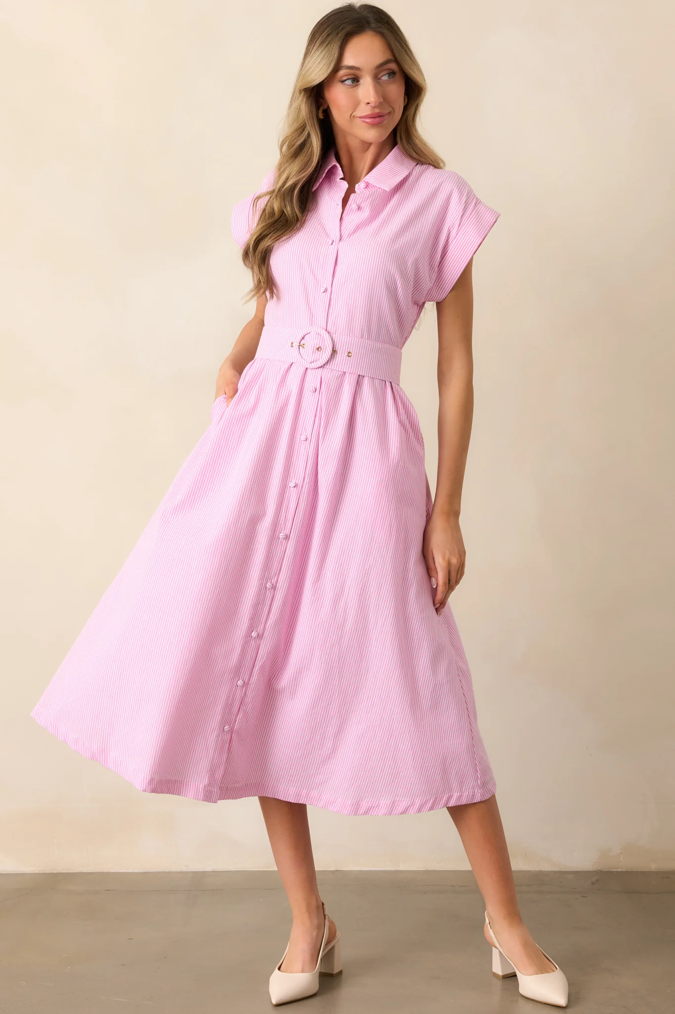 Gia Peony Pink Stripe Belted Cotton Midi Dress