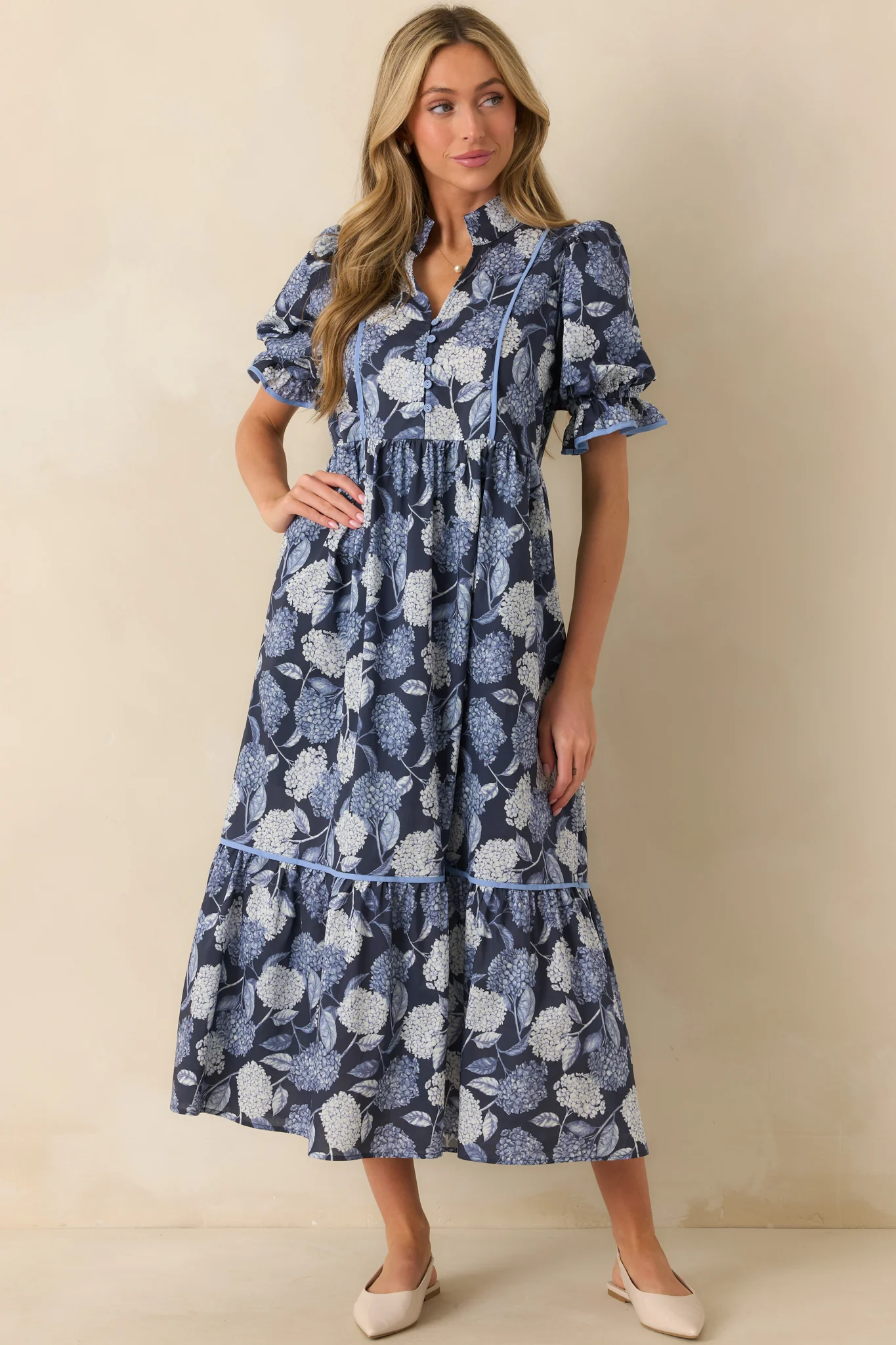 Setting The Pace Blue Hydrangea Floral Print Cotton Maxi Dress