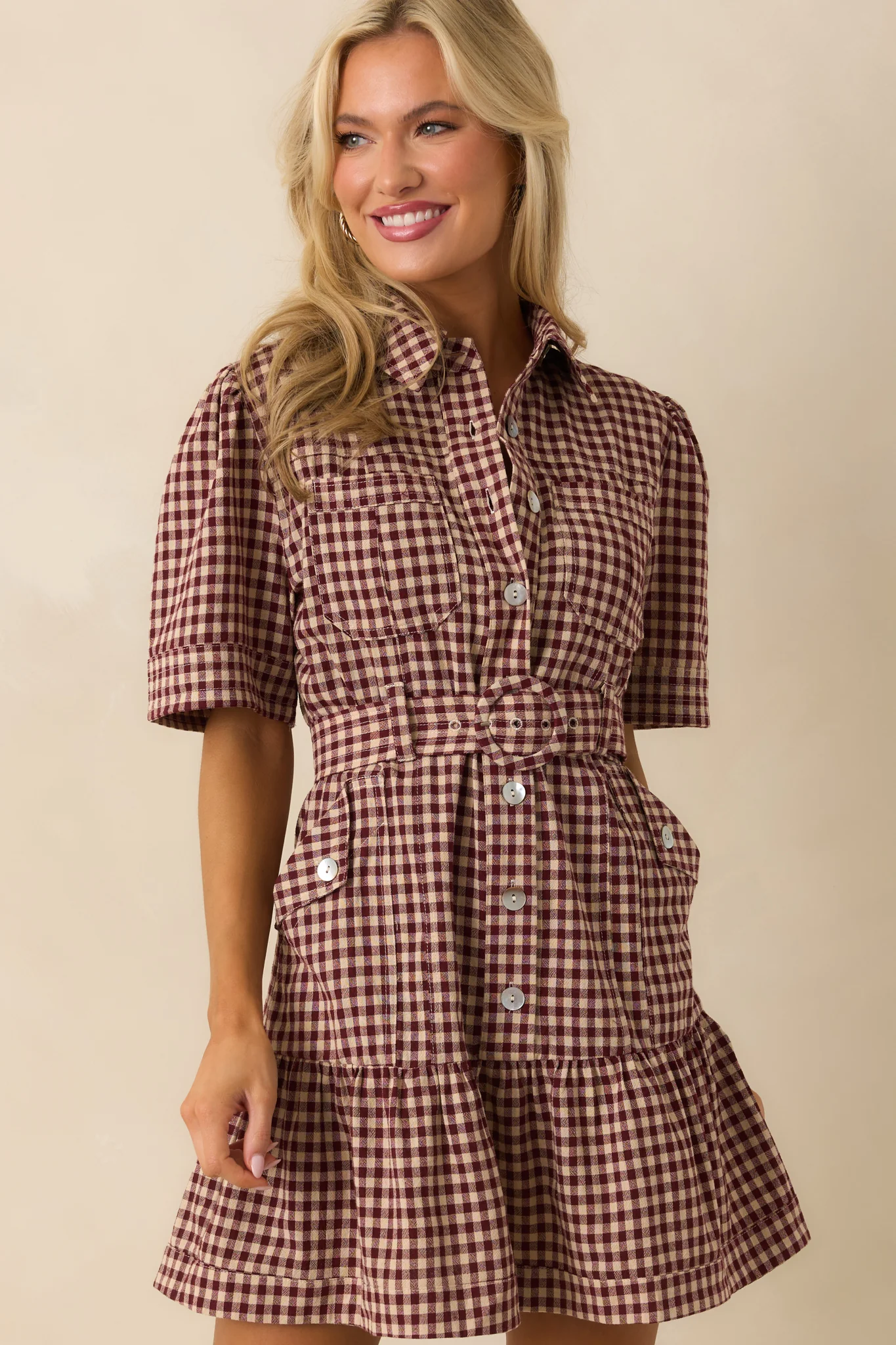 I Hope You Know Burgundy Gingham Cotton Mini Shirt Dress