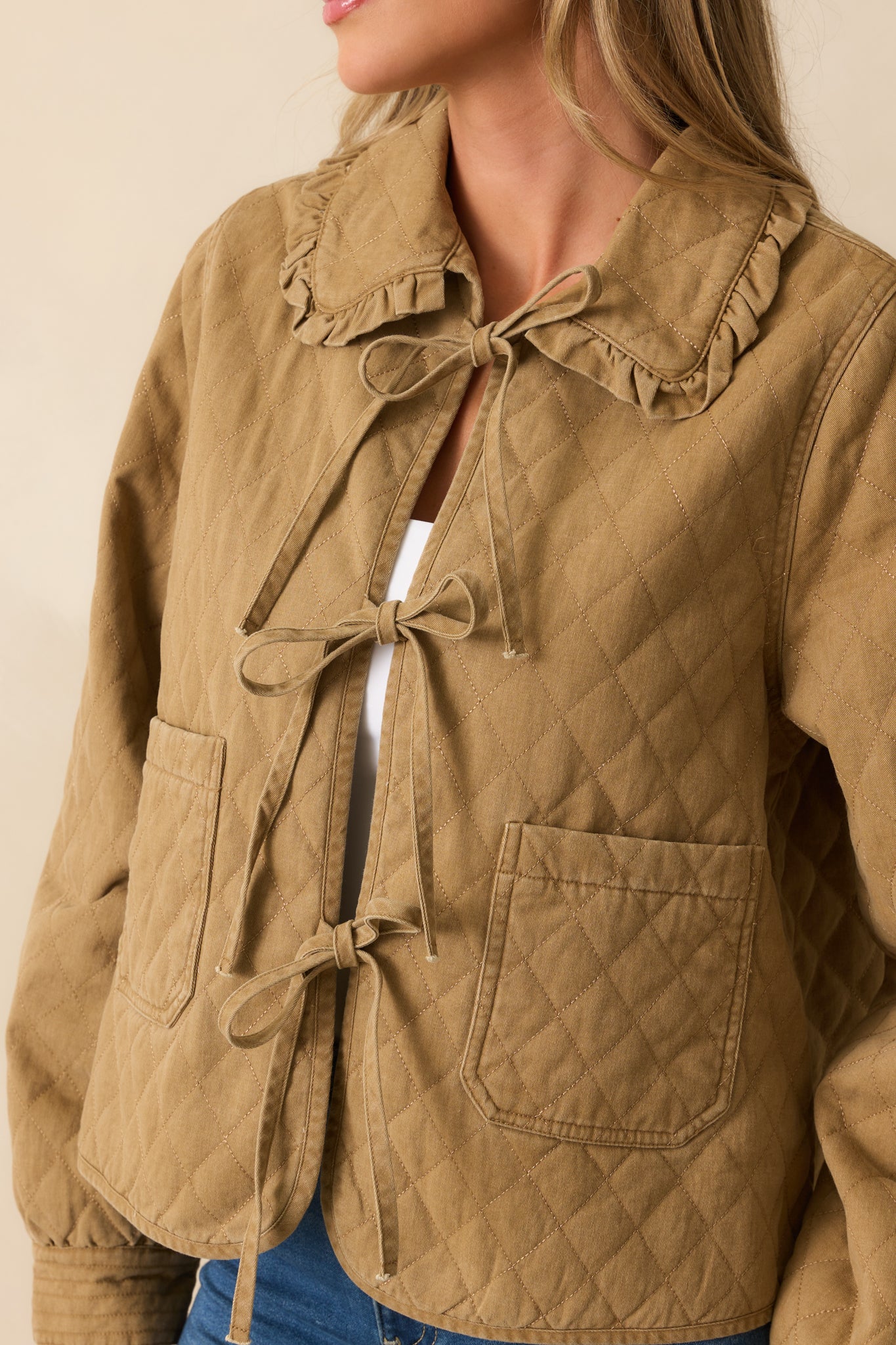 How It Should Be Khaki Brown Quilted Cotton Bow Front Jacket