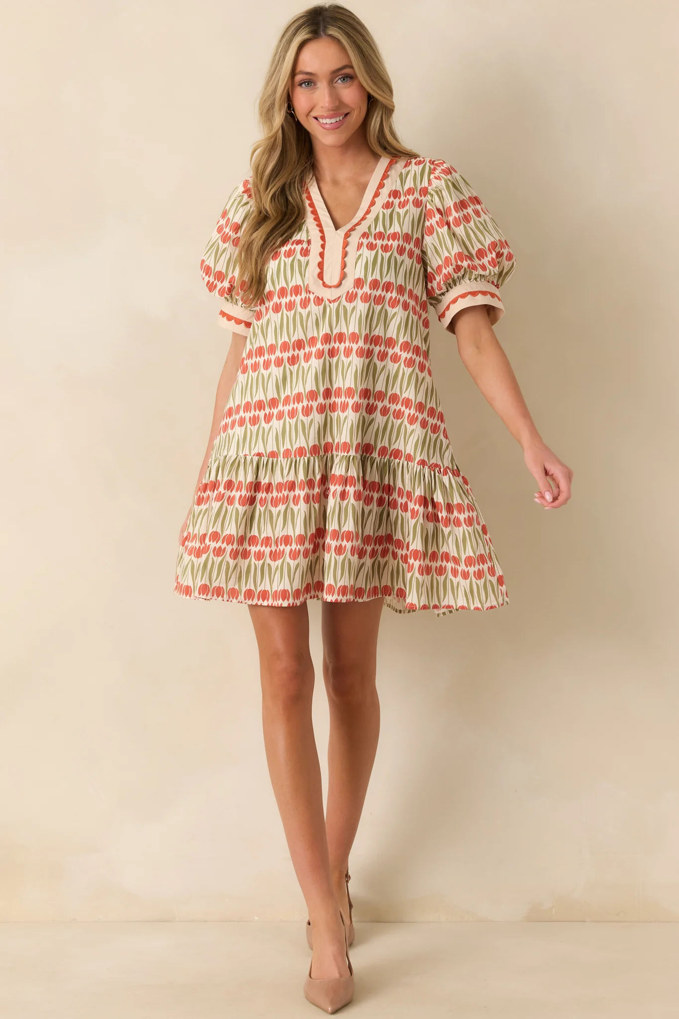 Simply Hers Ivory Tulip Floral Print Cotton Puff Sleeve Mini Dress