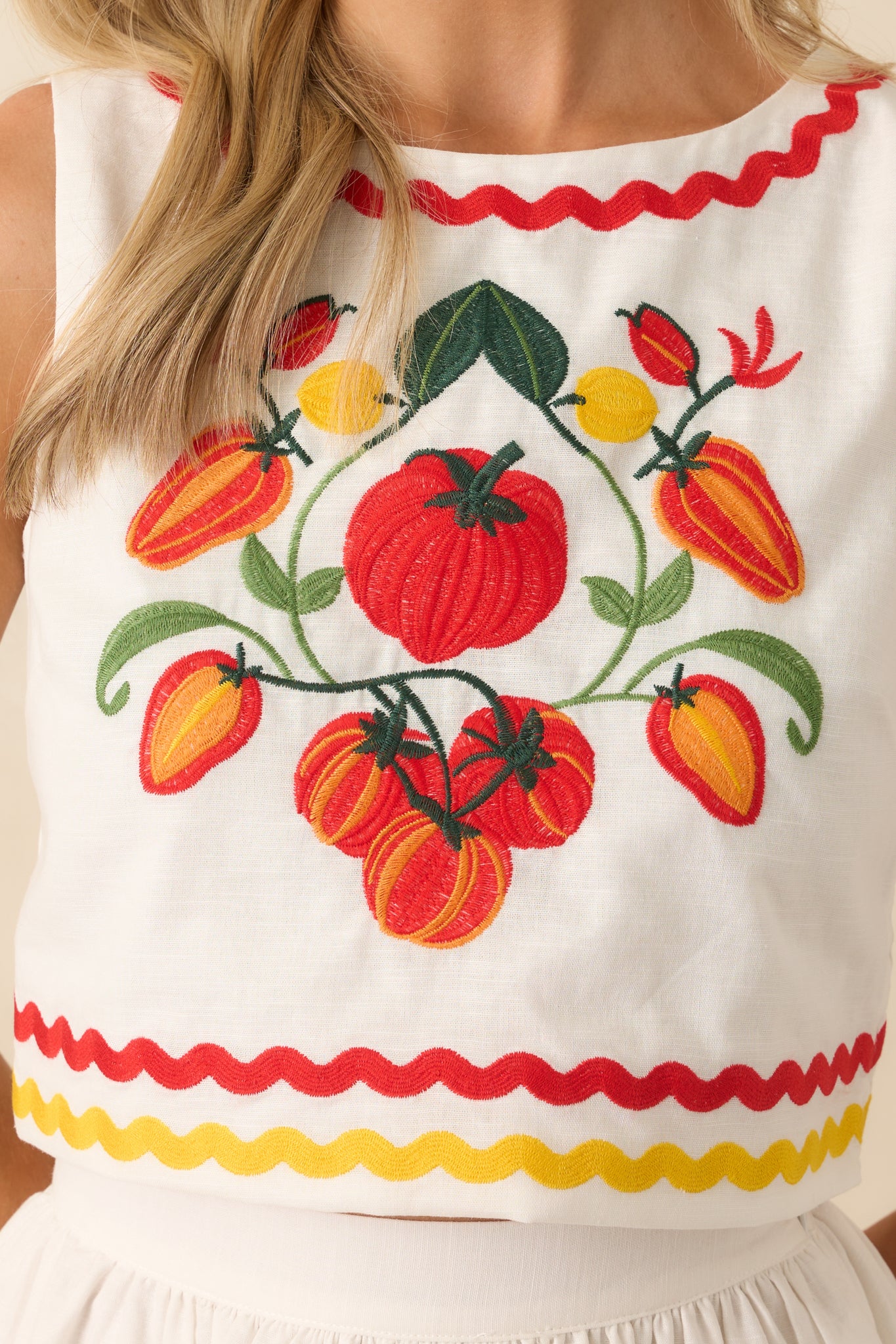 Prosperina Ellie Tomato Embroidered Ivory Cotton Top
