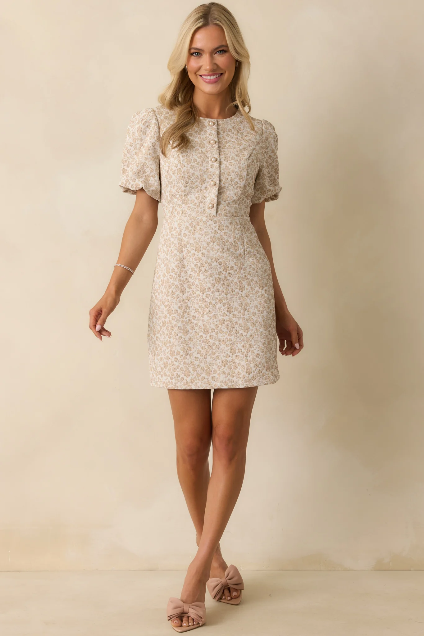 First Impression Beige Floral Jacquard Puff Sleeve Mini Dress