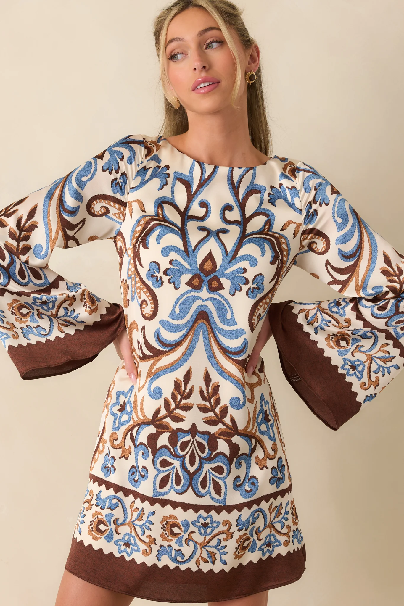 Don't Second Guess It Ivory Multi Print Satin Long Sleeve Mini Dress