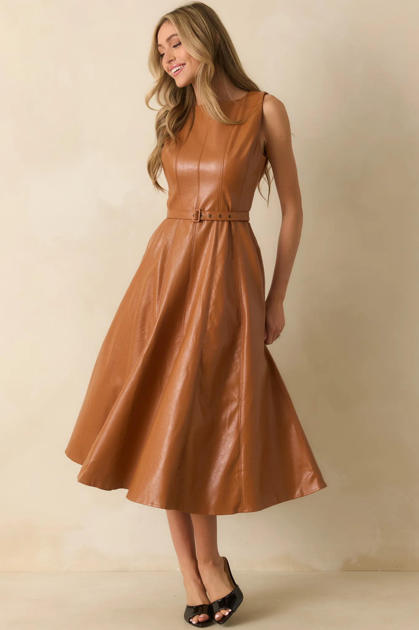 Caramel Brown Faux Leather Belted Maxi Dress
