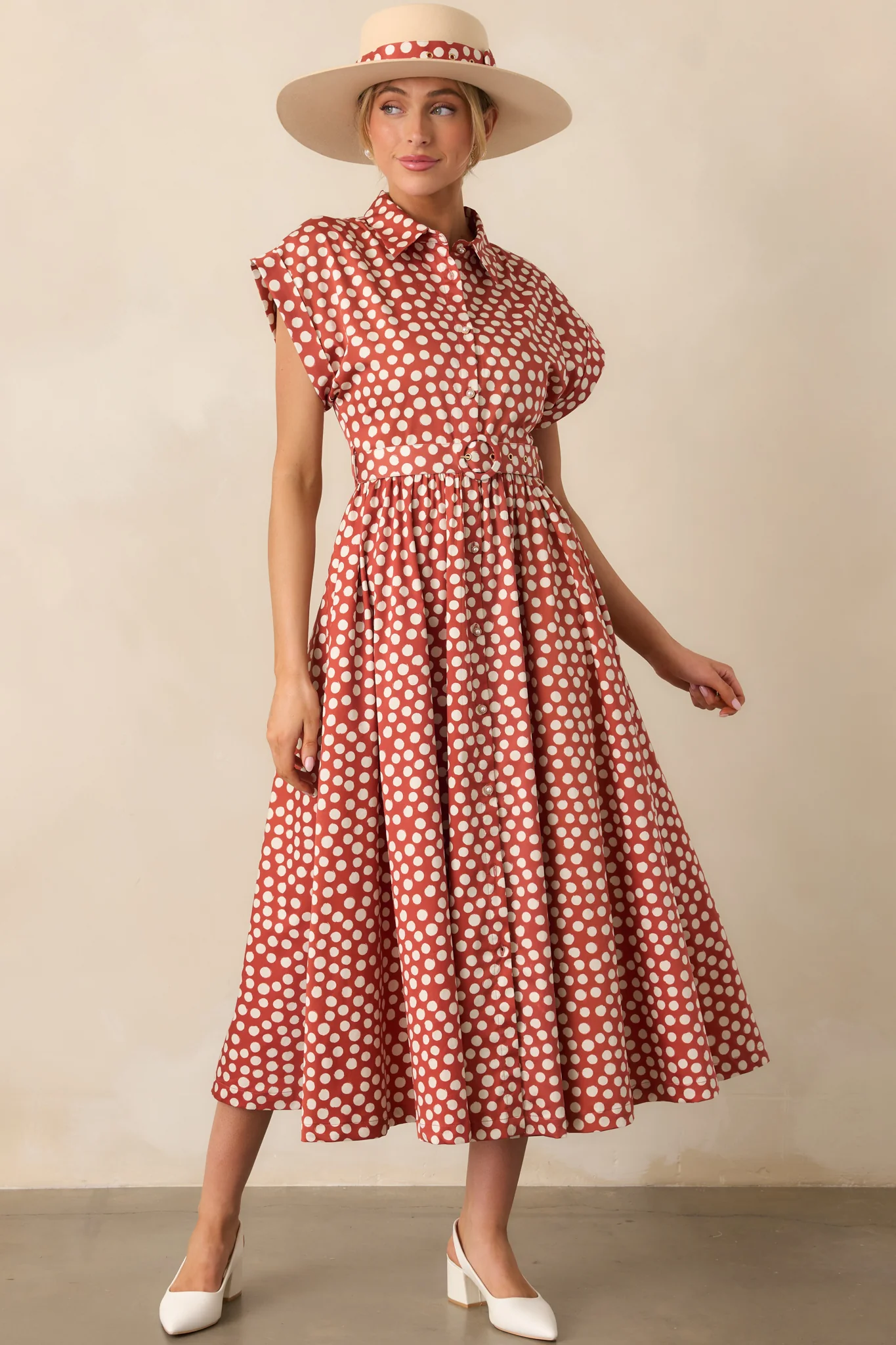 Prosperina Jocelyn Brick Red Polka Dot Cotton Maxi Dress