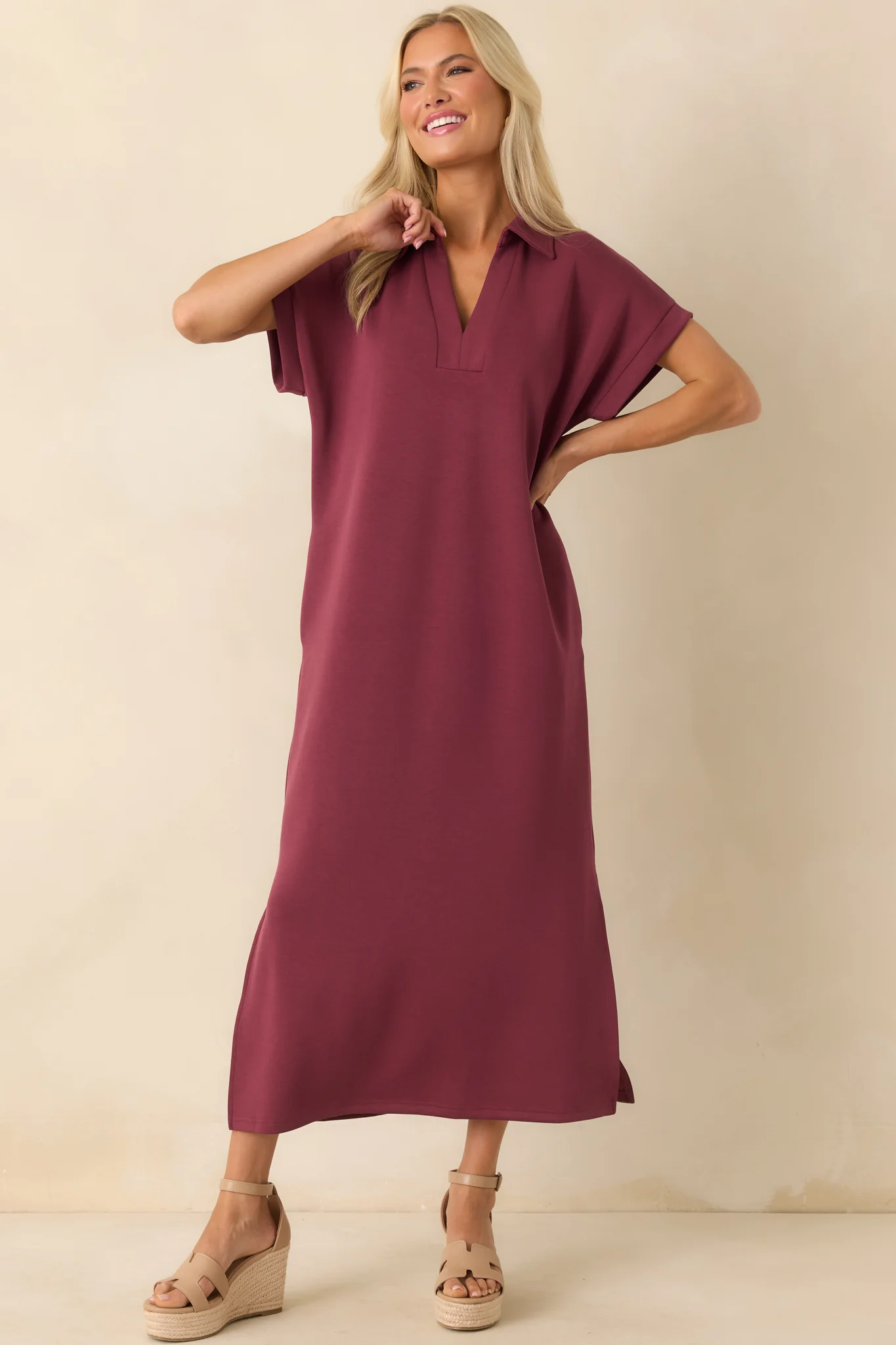 Made The Right Call Burgundy Collared Midi T-Shirt Dress