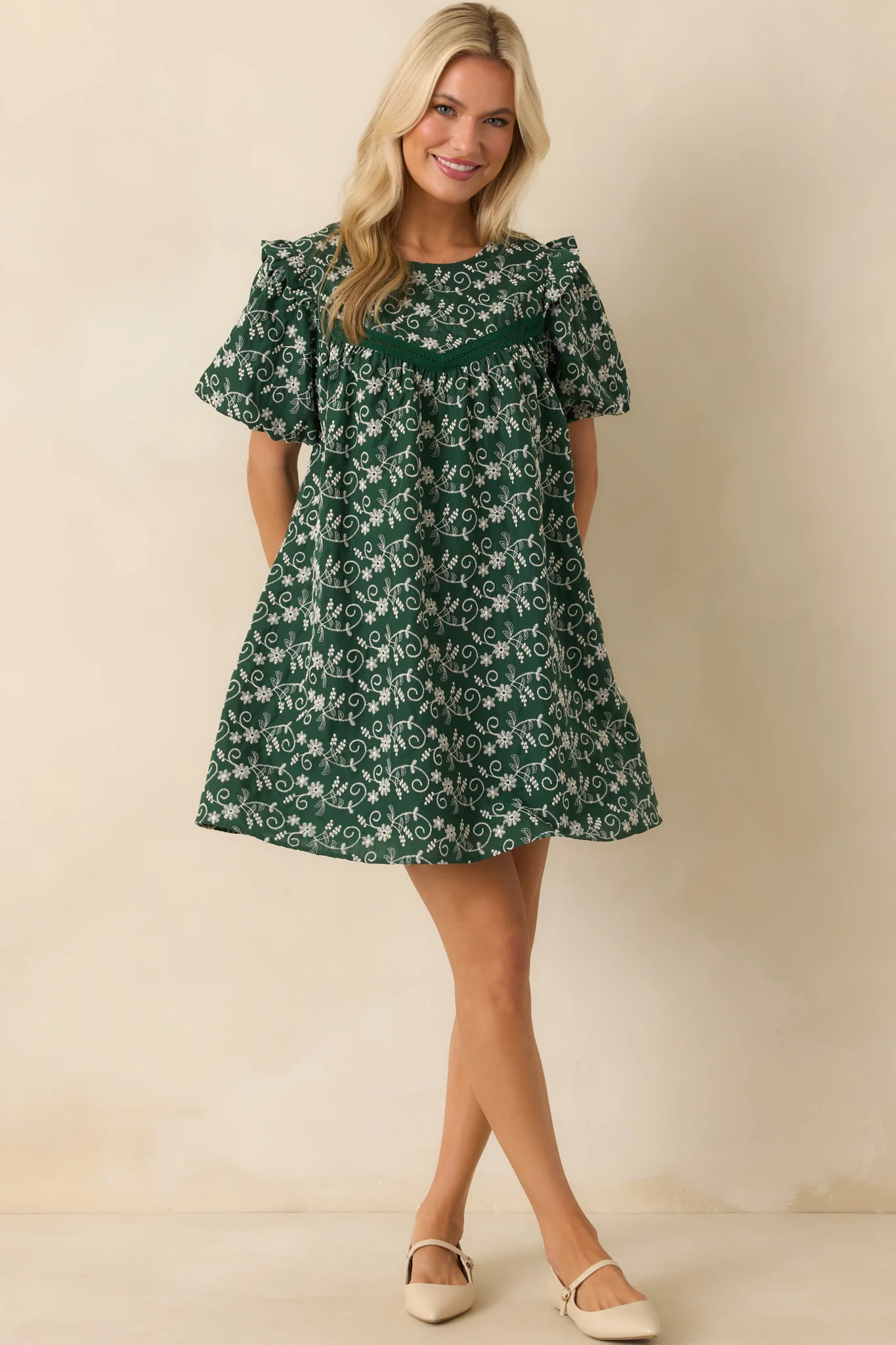 Already Knew Hunter Green Floral Embroidered Eyelet Mini Dress