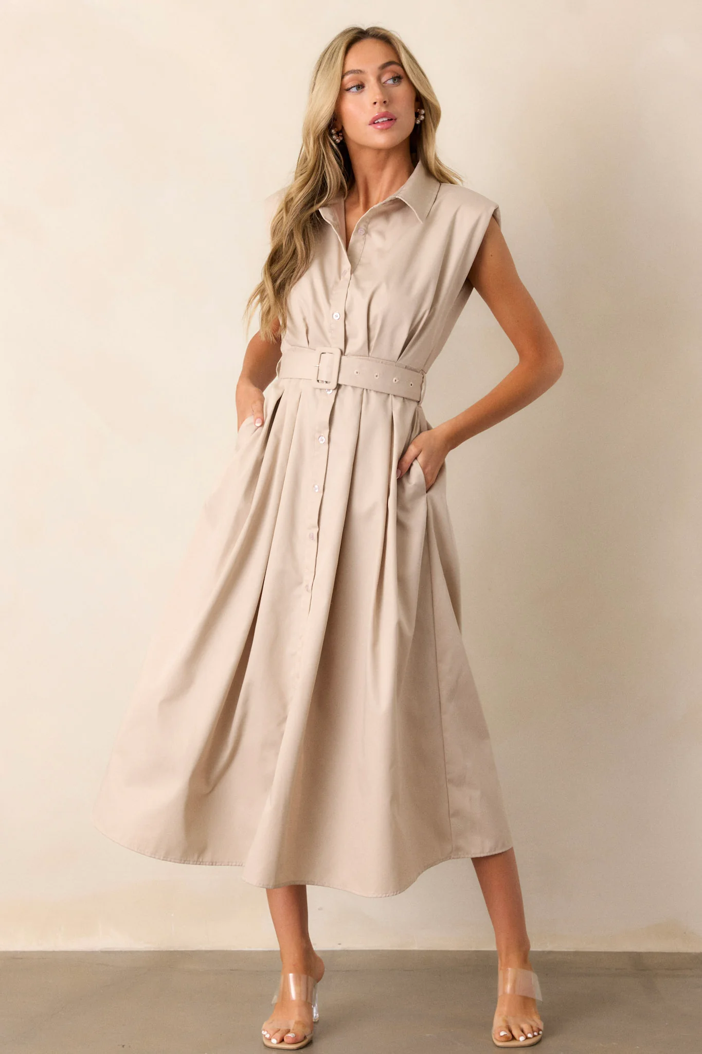 Beige Belted Midi Dress