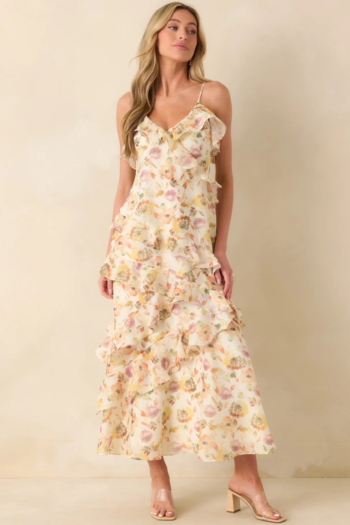 Left Me Speechless Ivory Multi Floral Print Ruffle Maxi Dress