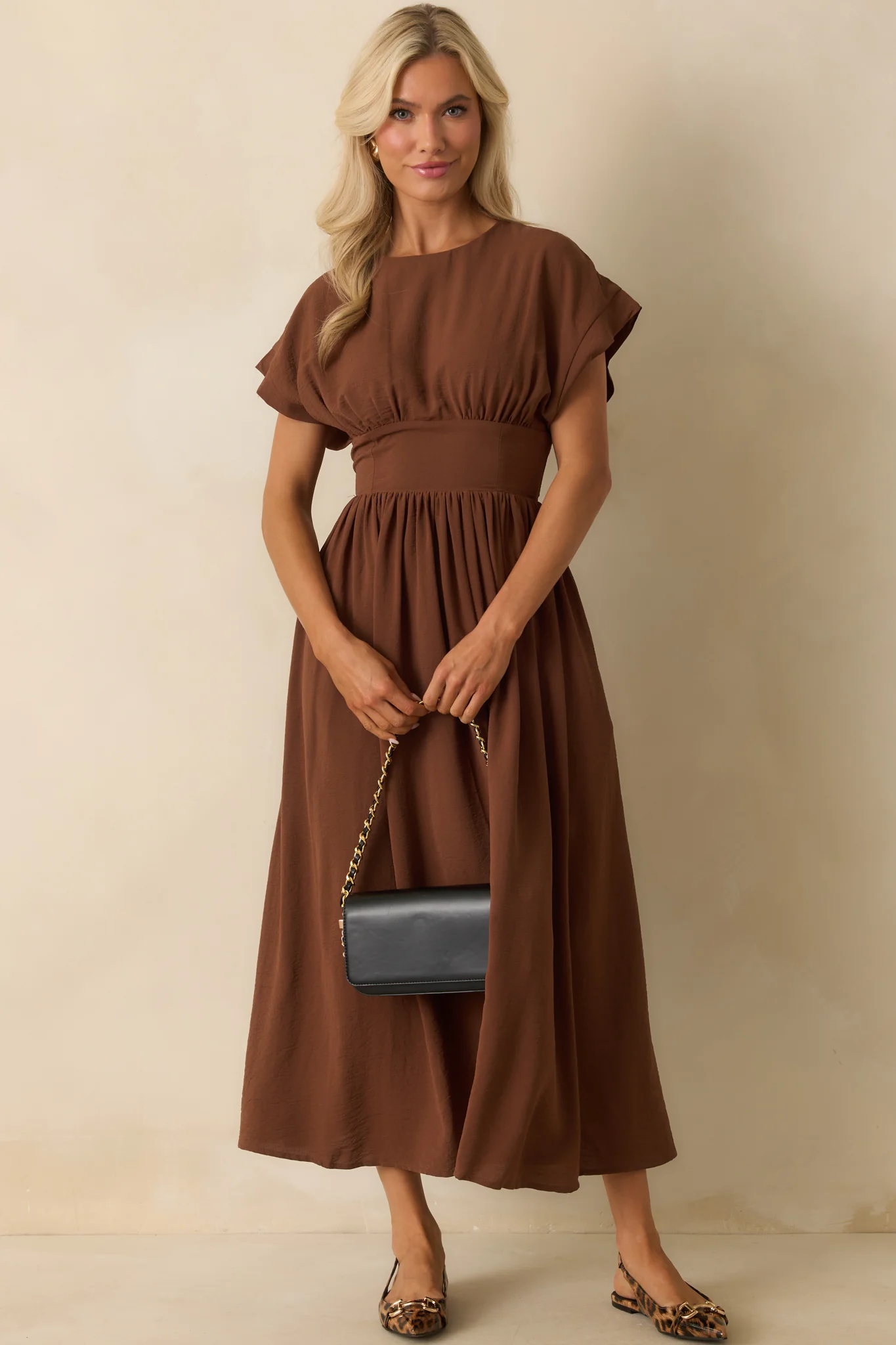 As Promised Brown Short Sleeve Cinched Waist Maxi Dress