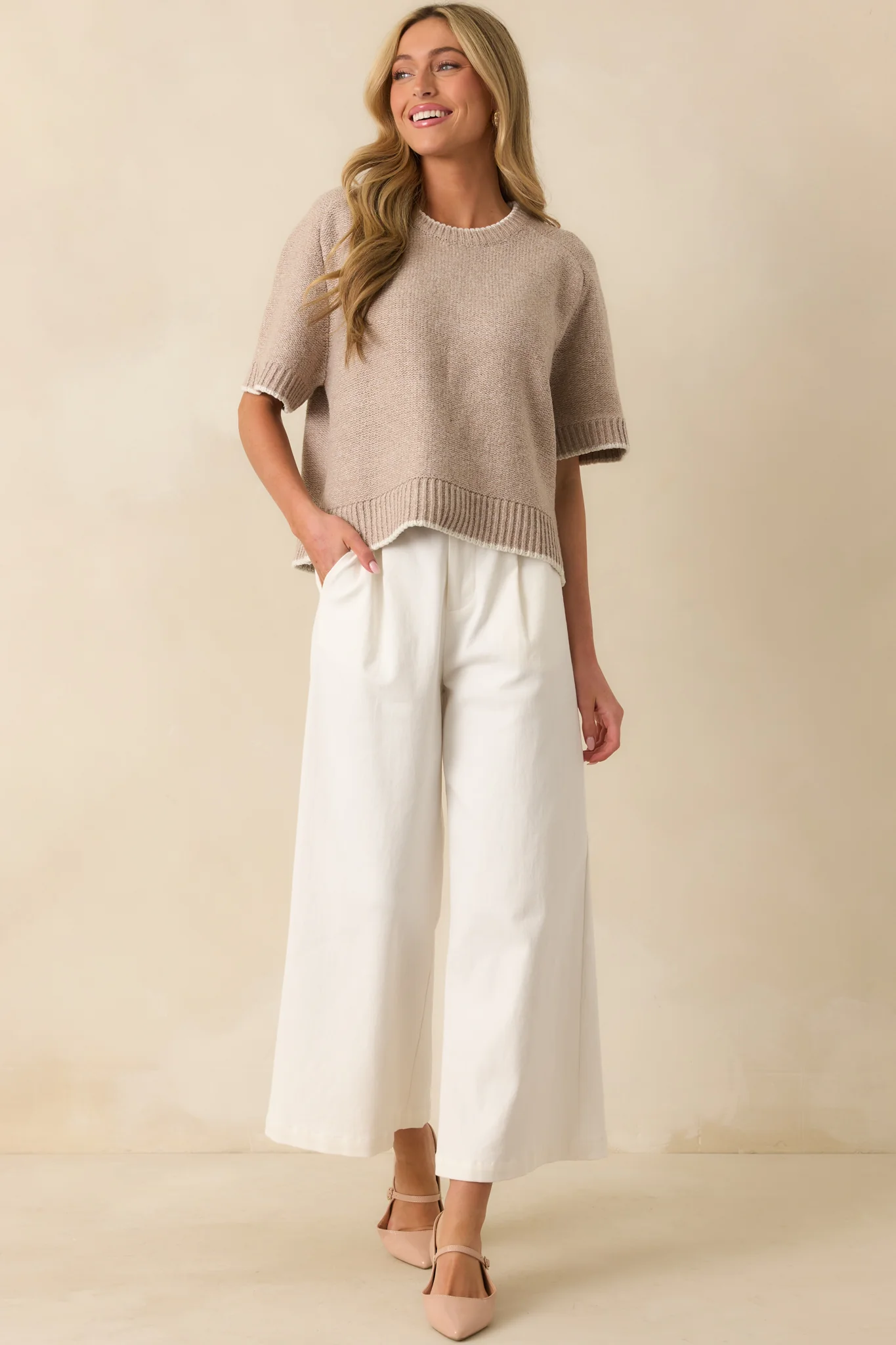 Never Looked Back Oatmeal Beige Contrast Trim Short Sleeve Sweater