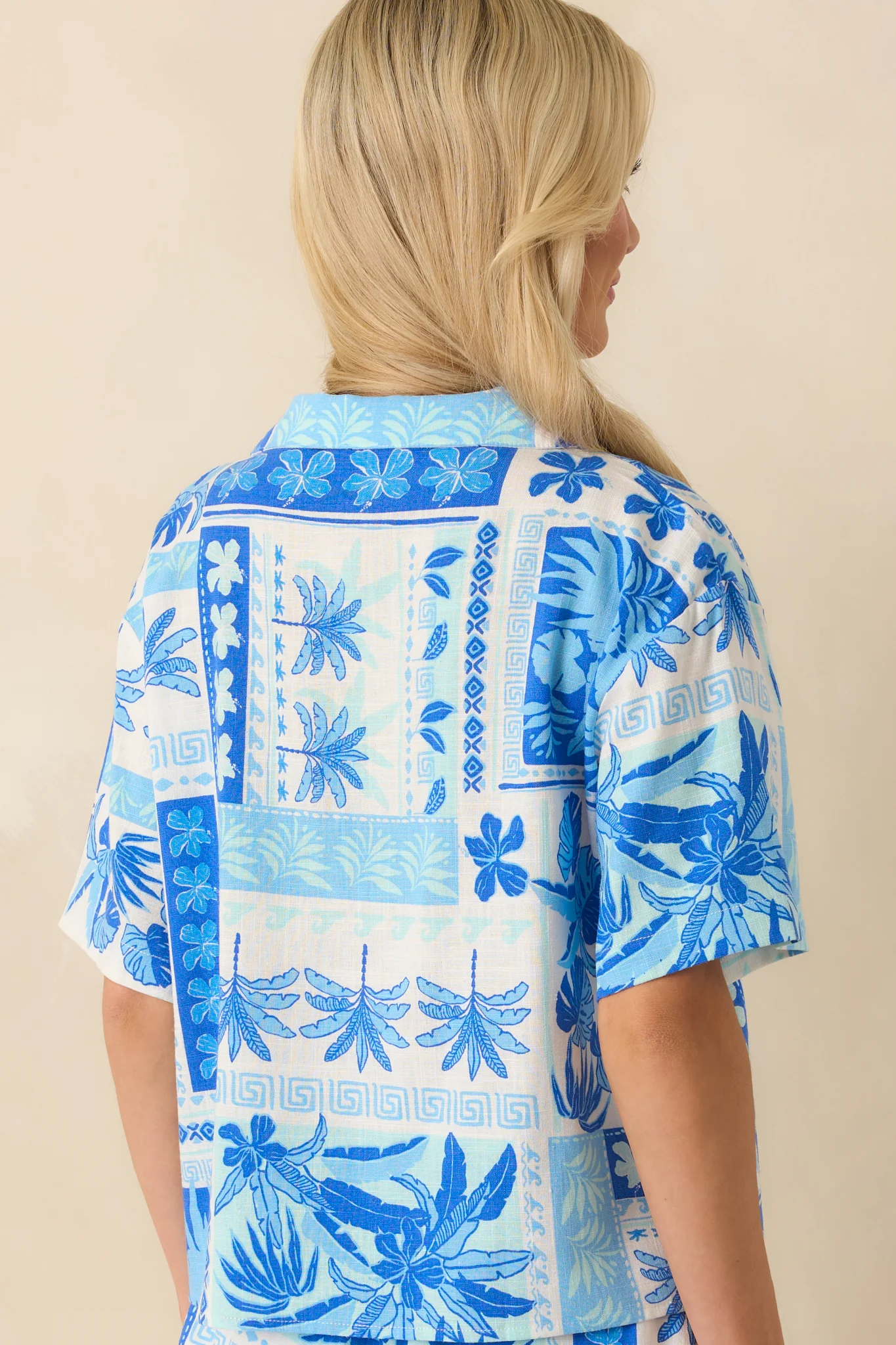 Feels Like Me Blue Tropical Patchwork Print Button Front Top