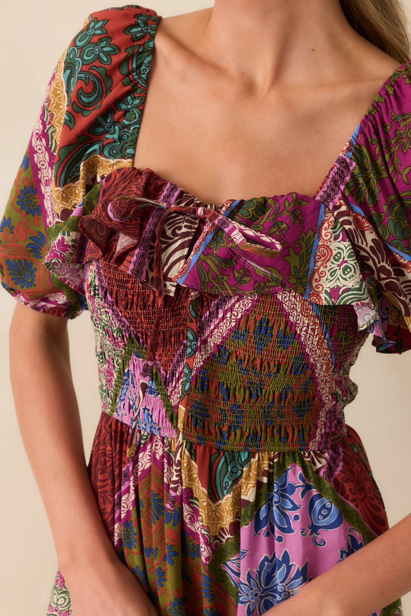 Peace That Lasts Red Multi Patchwork Print Puff Sleeve Midi Dress