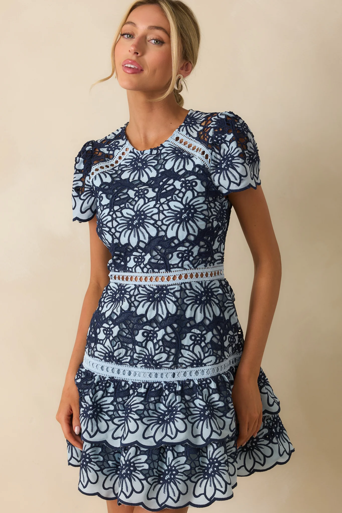 Can’t Miss This Blue Multi Floral Embroidered Lace Mini Dress