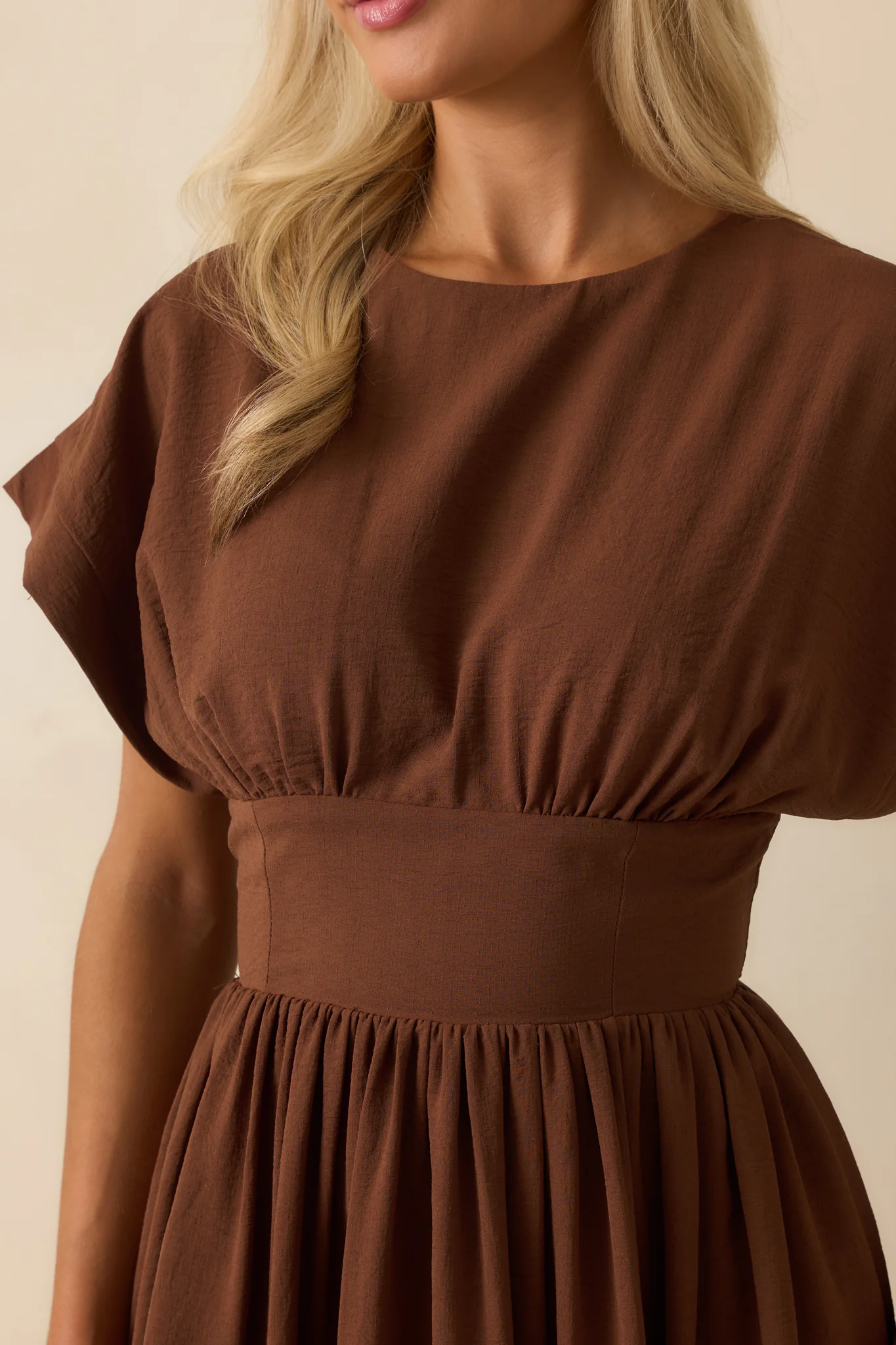 As Promised Brown Short Sleeve Cinched Waist Maxi Dress
