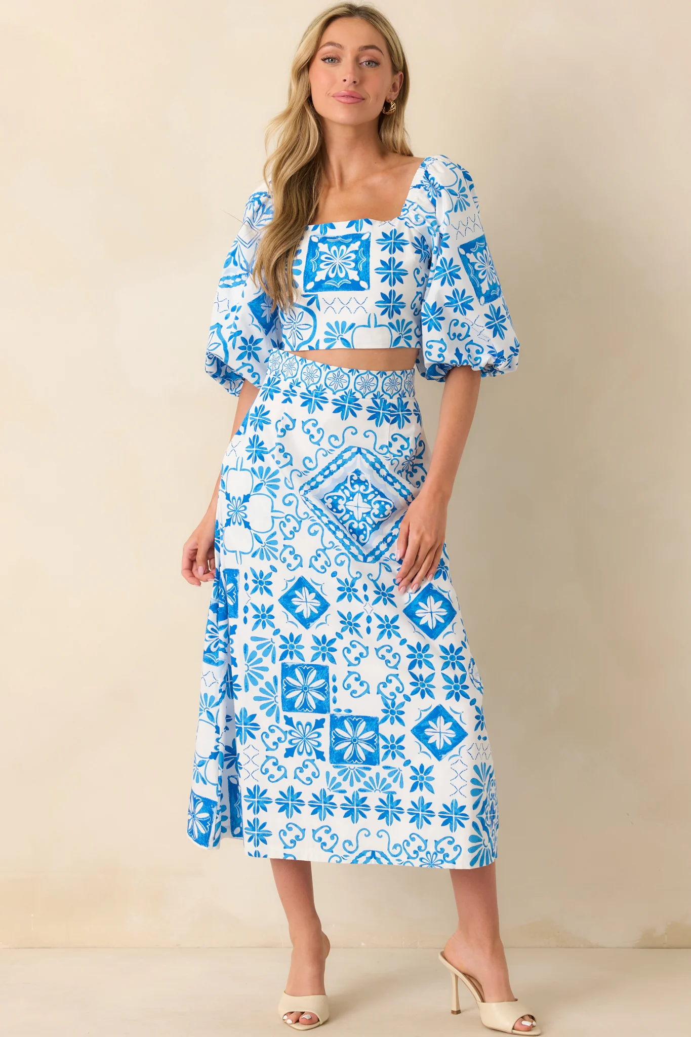 Prosperina Presley Blue Tile Print Cotton Crop Top