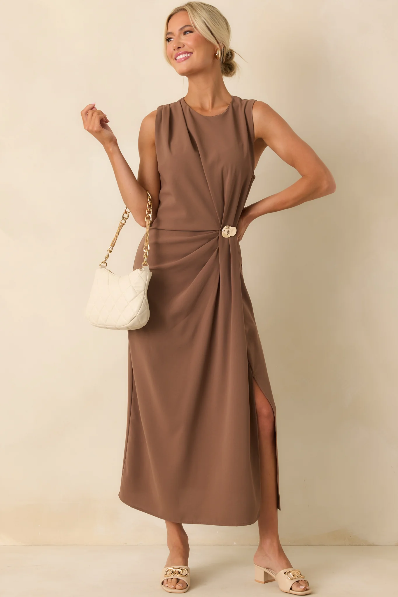 Move With Purpose Light Brown Ruched Maxi Dress