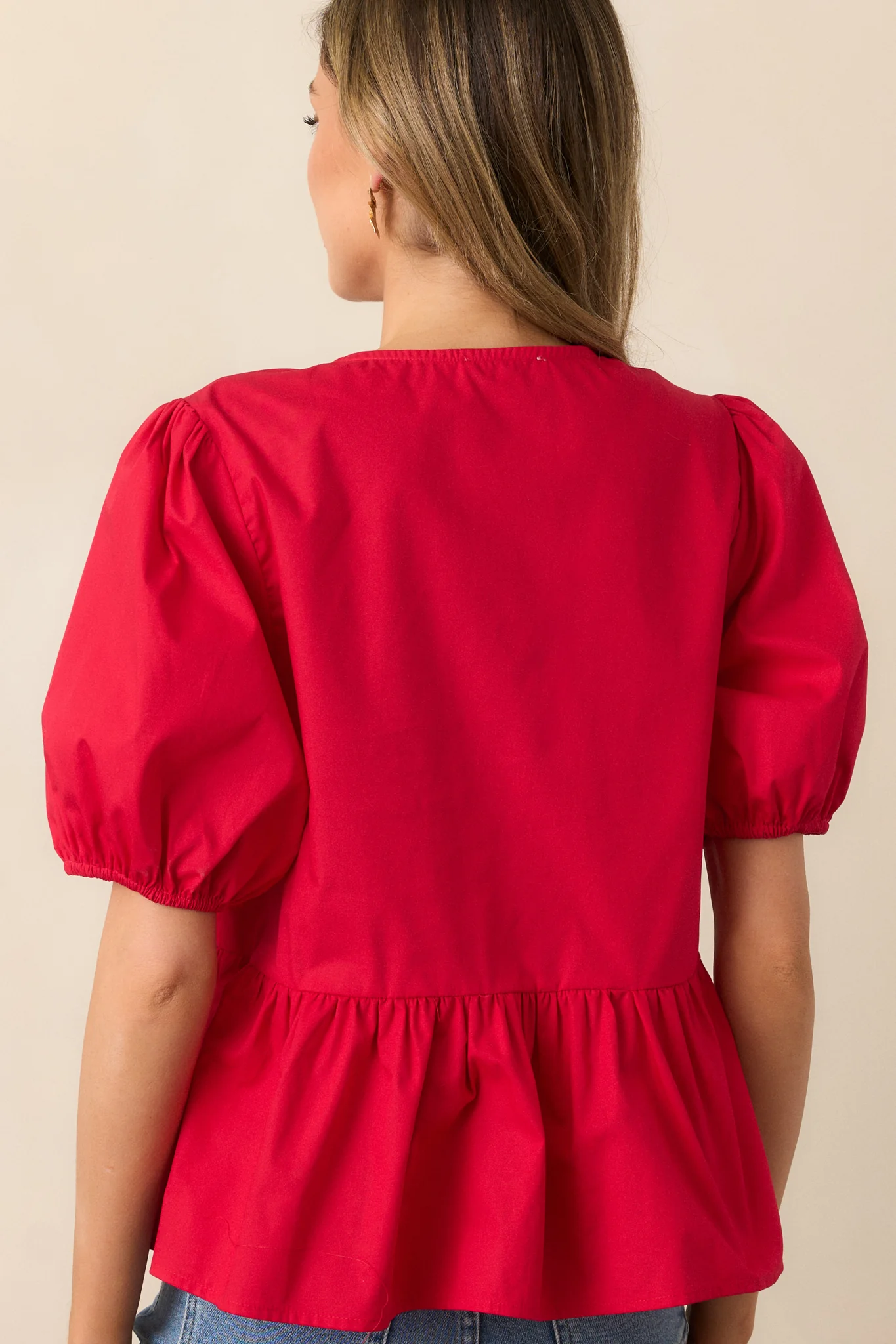 Something Special Red Cotton Bow Front Puff Sleeve Top