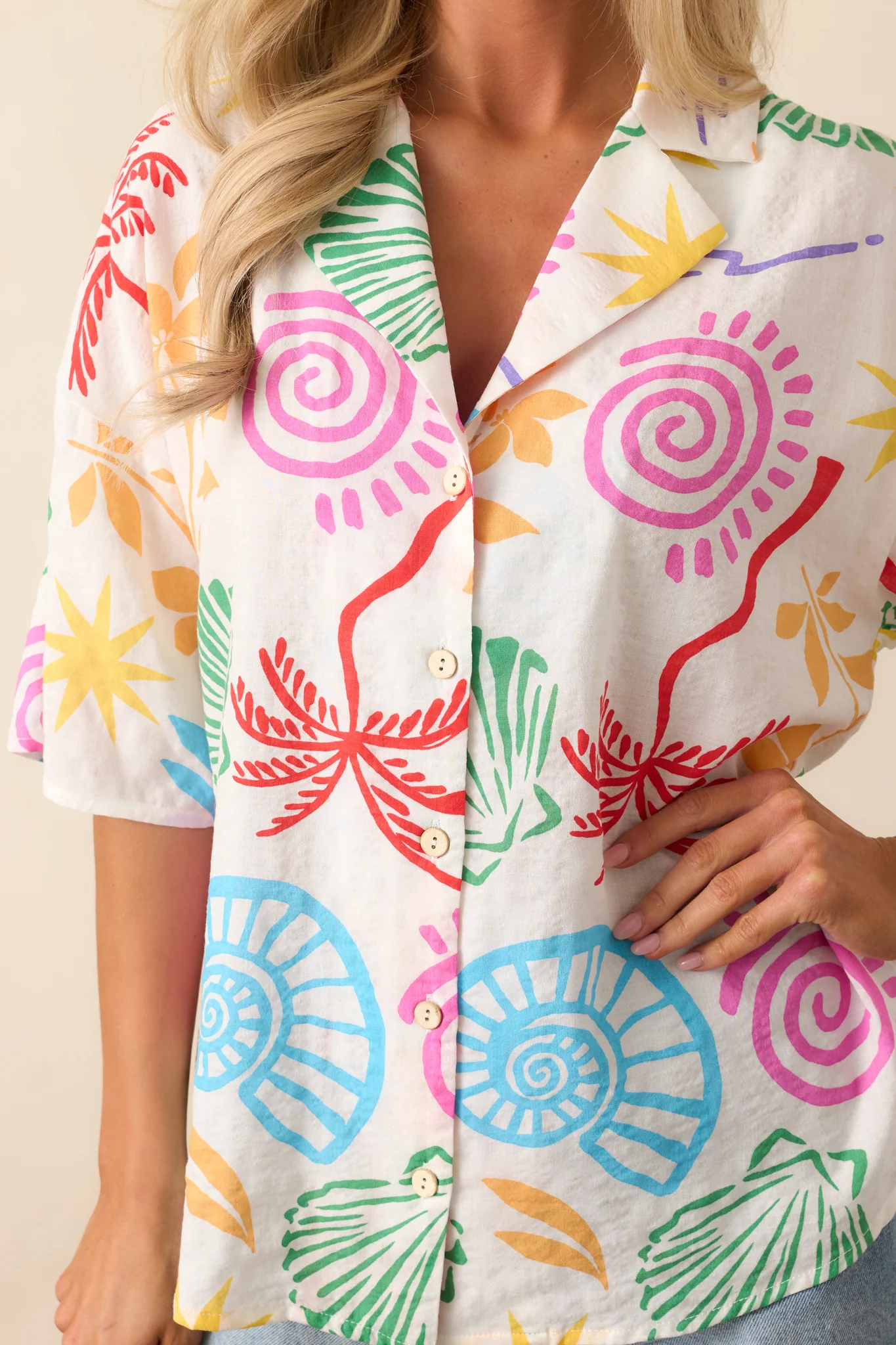 Slowing Down Ivory Multi Tropical Print Button Front Top