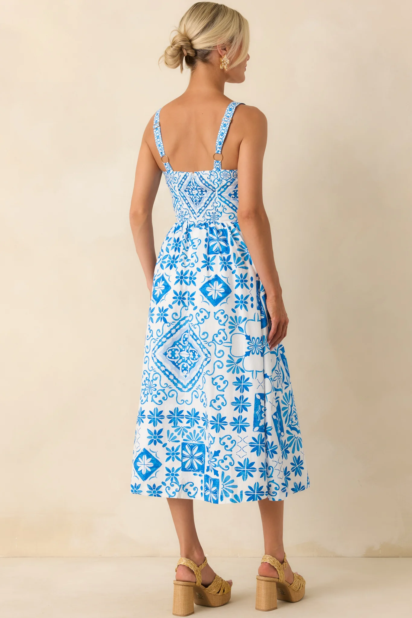 Prosperina Lydia Blue Tile Print Cotton Midi Dress