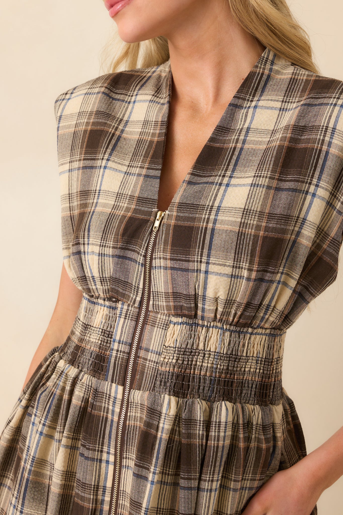 The Evette Mocha Brown Tartan Plaid Cotton Zip Front Midi Dress