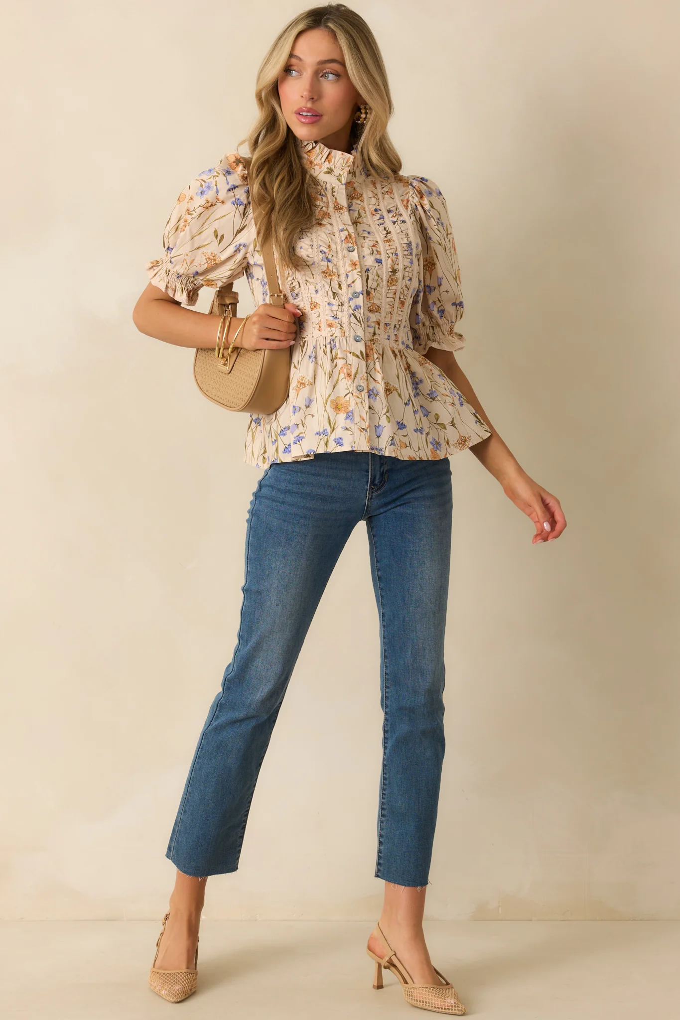 You Know Her Beige Multi Floral Print Cotton Peplum Top