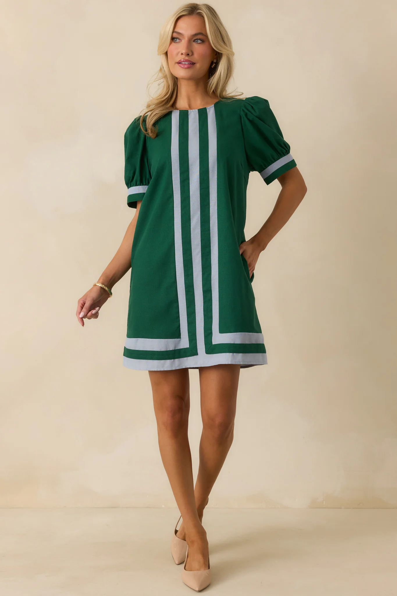 Here For This Hunter Green Linen Blend Contrast Trim Mini Dress