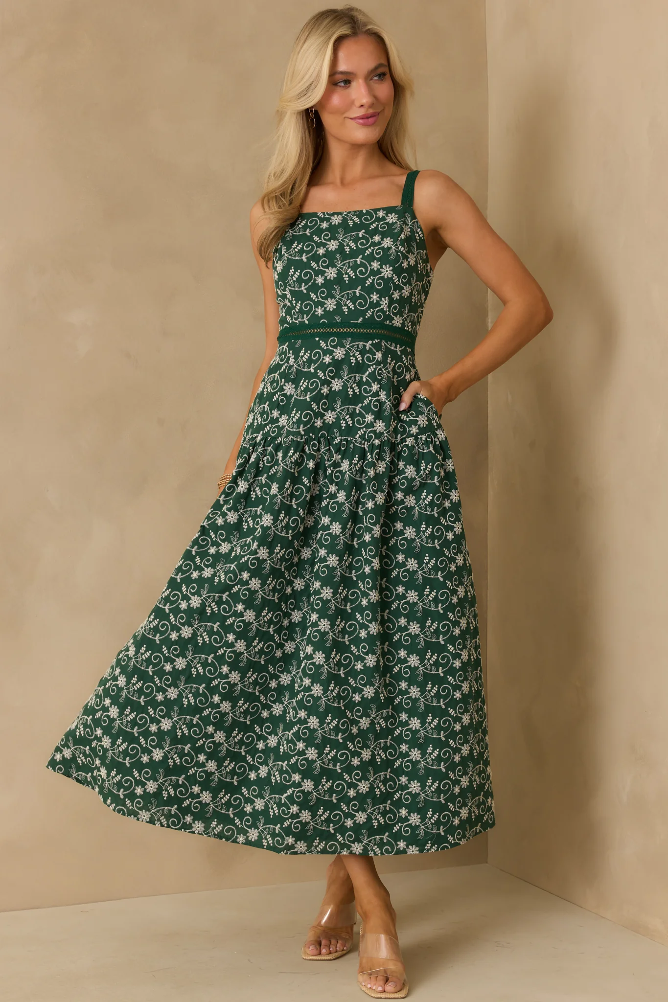 On My Side Hunter Green Floral Embroidered Eyelet Maxi Dress