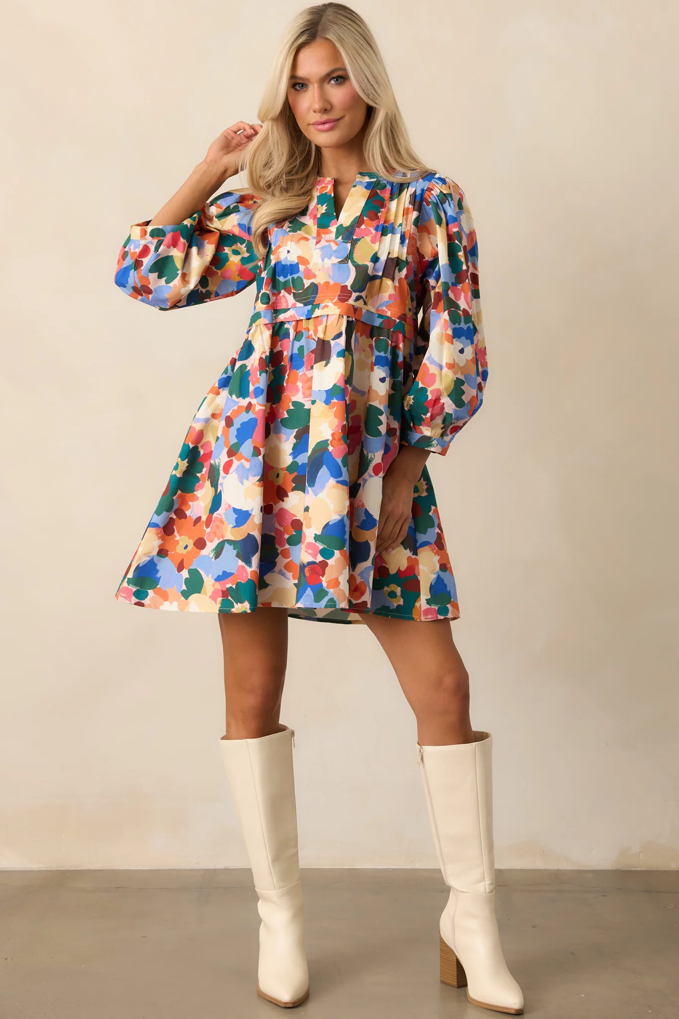 Orange Multi Floral Print Cotton Mini Dress