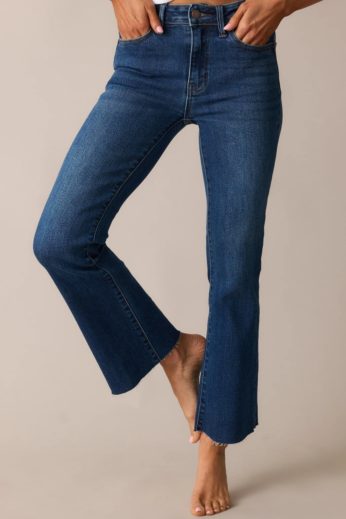 Back And Forth Dark Wash Mid Rise Cropped Flare Jeans