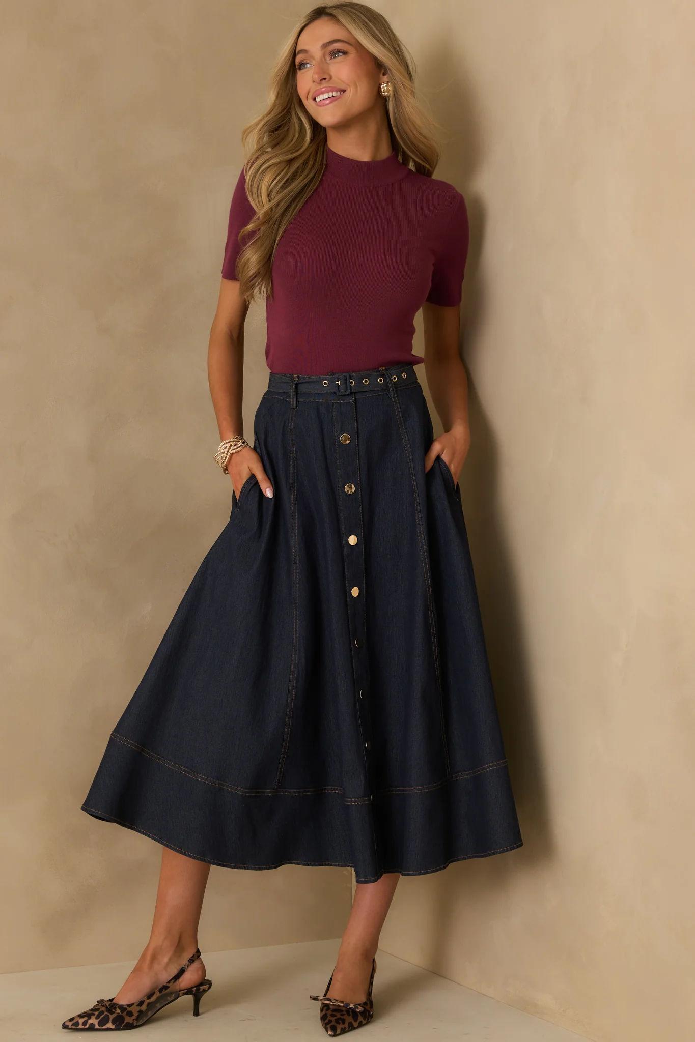 Without Thinking Wine Ribbed Mock Neck Short Sleeve Top