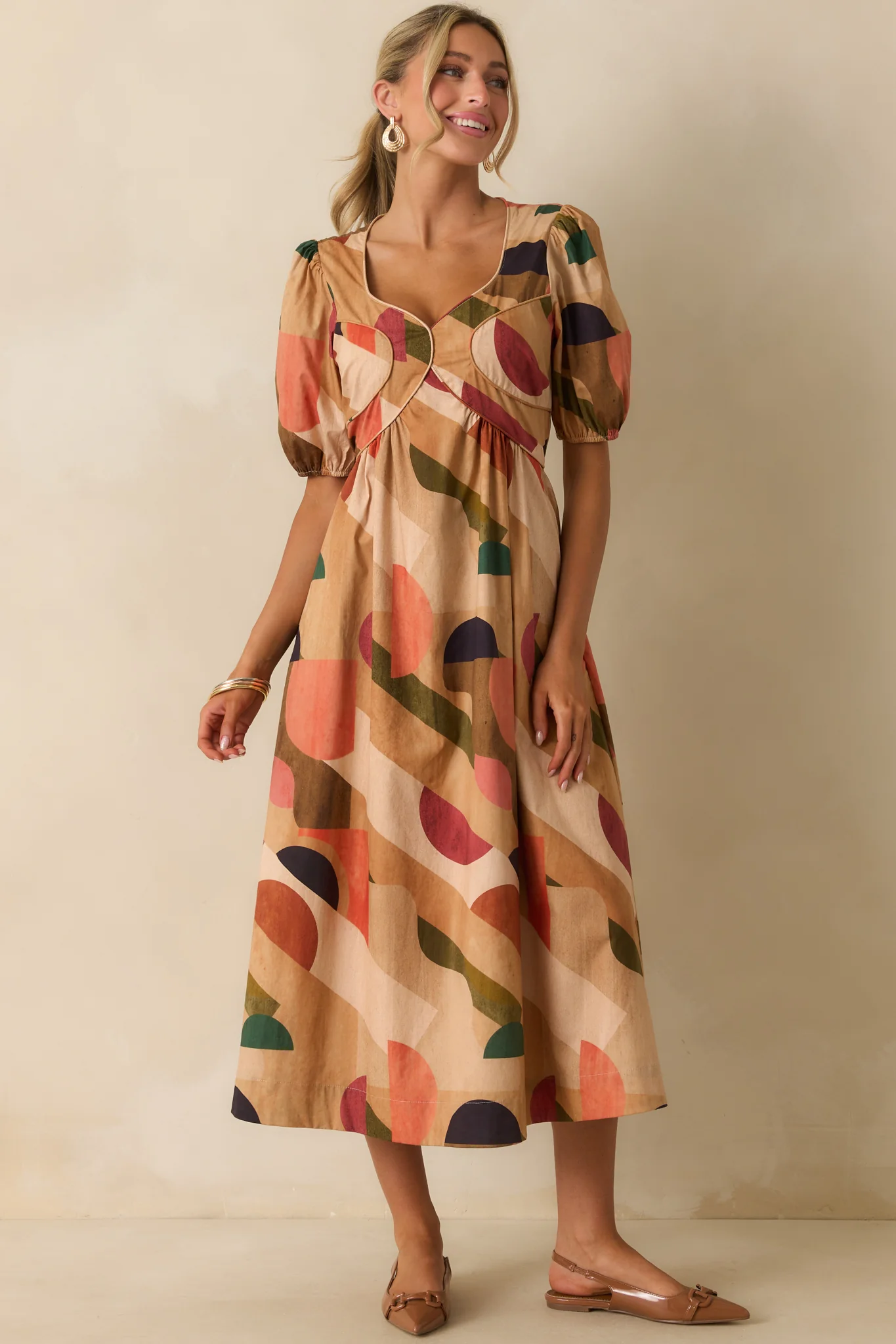 Through The Grapevine Tan Multi Abstract Print Midi Dress
