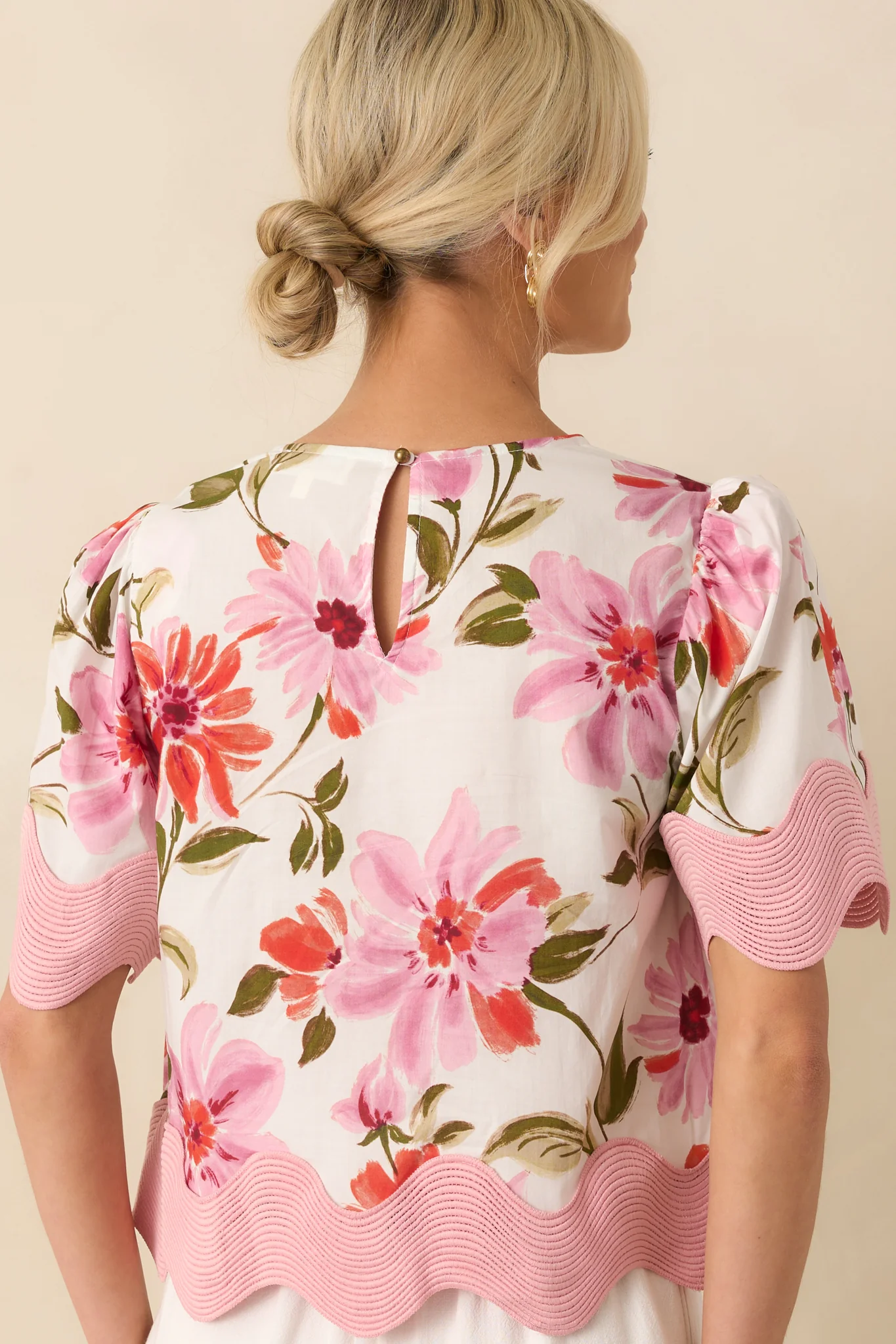 Without Even Trying To Pink Floral Print Cotton Scallop Hem Top