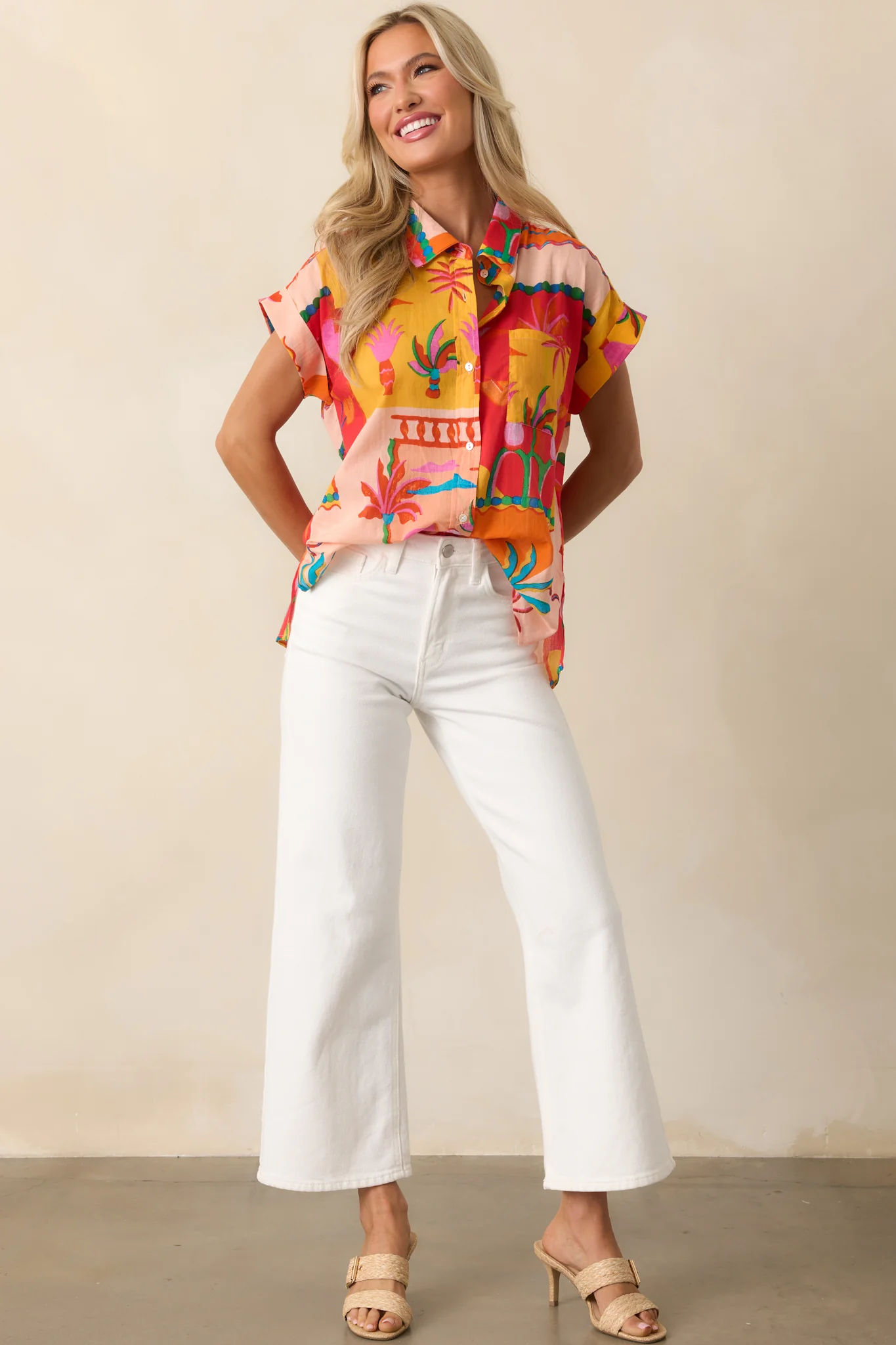 Urban Jungle Orange Tropical Print Cotton Button Front Top