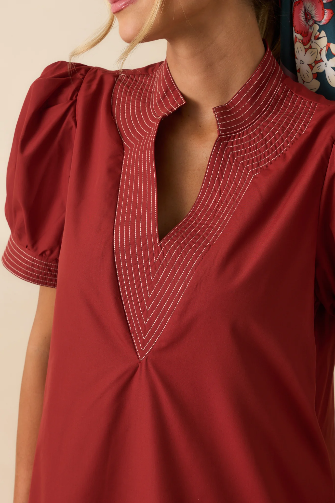 Took The Right Turn Brick Red Cotton Puff Sleeve Mini Dress